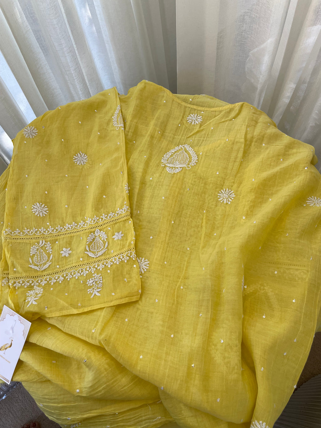 YELLOW MUL CHANDERI CHIKANKARI KURTA SET