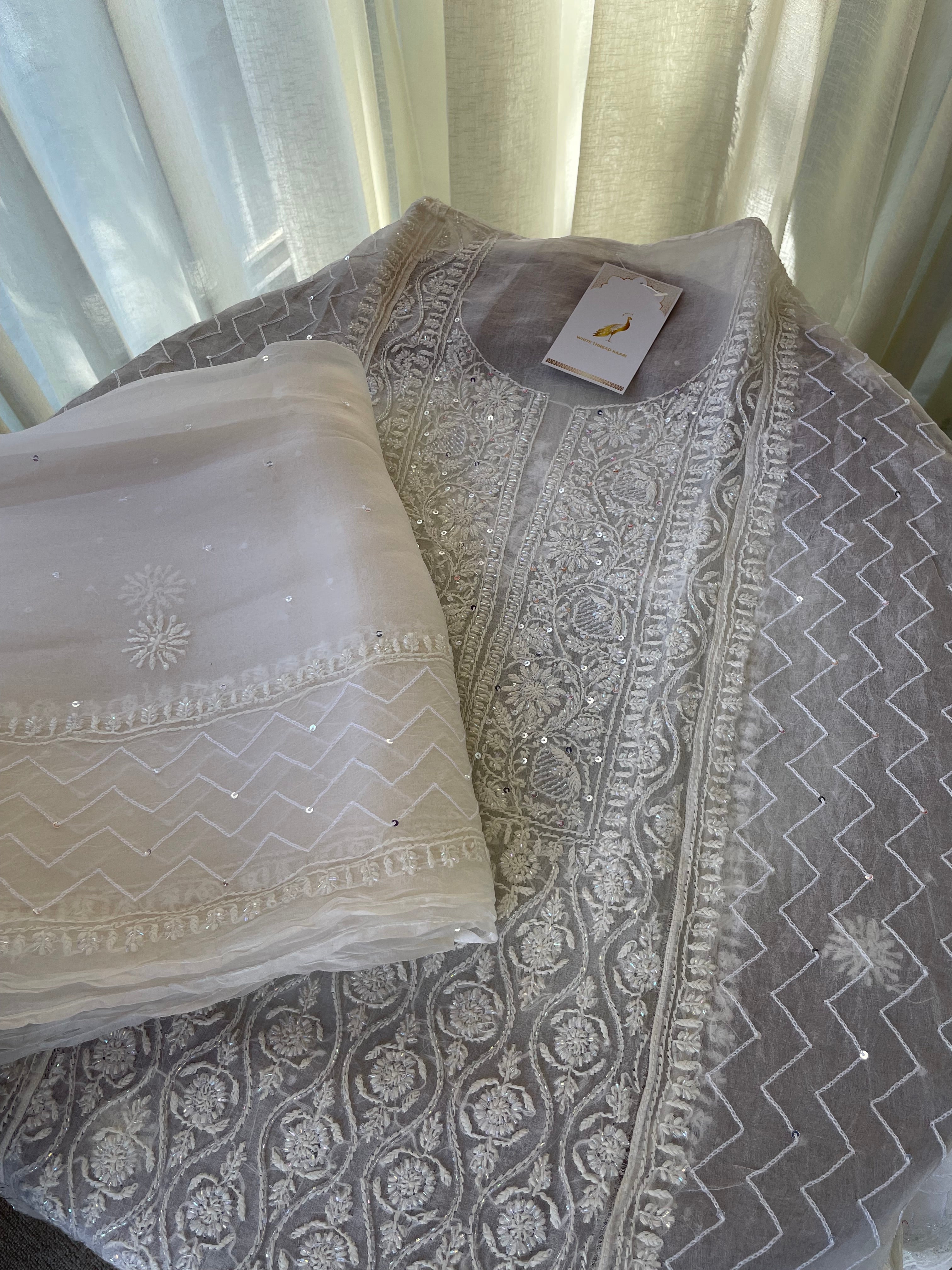 PEARL WHITE ORGANZA CHIKANKARI KURTA SET