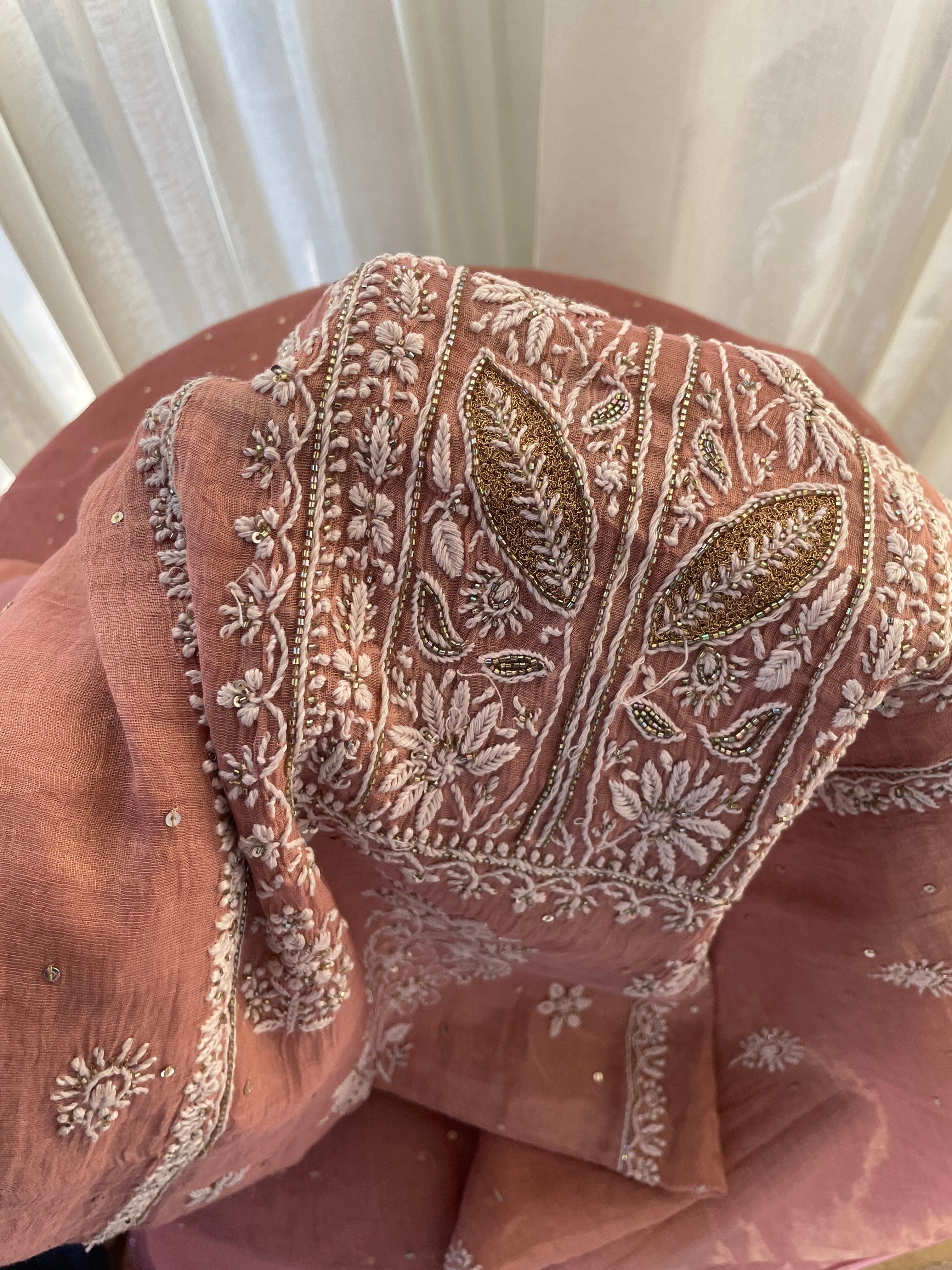 ROSE GOLD TISSUE CHIKANKARI STRAIGHT KURTA SET