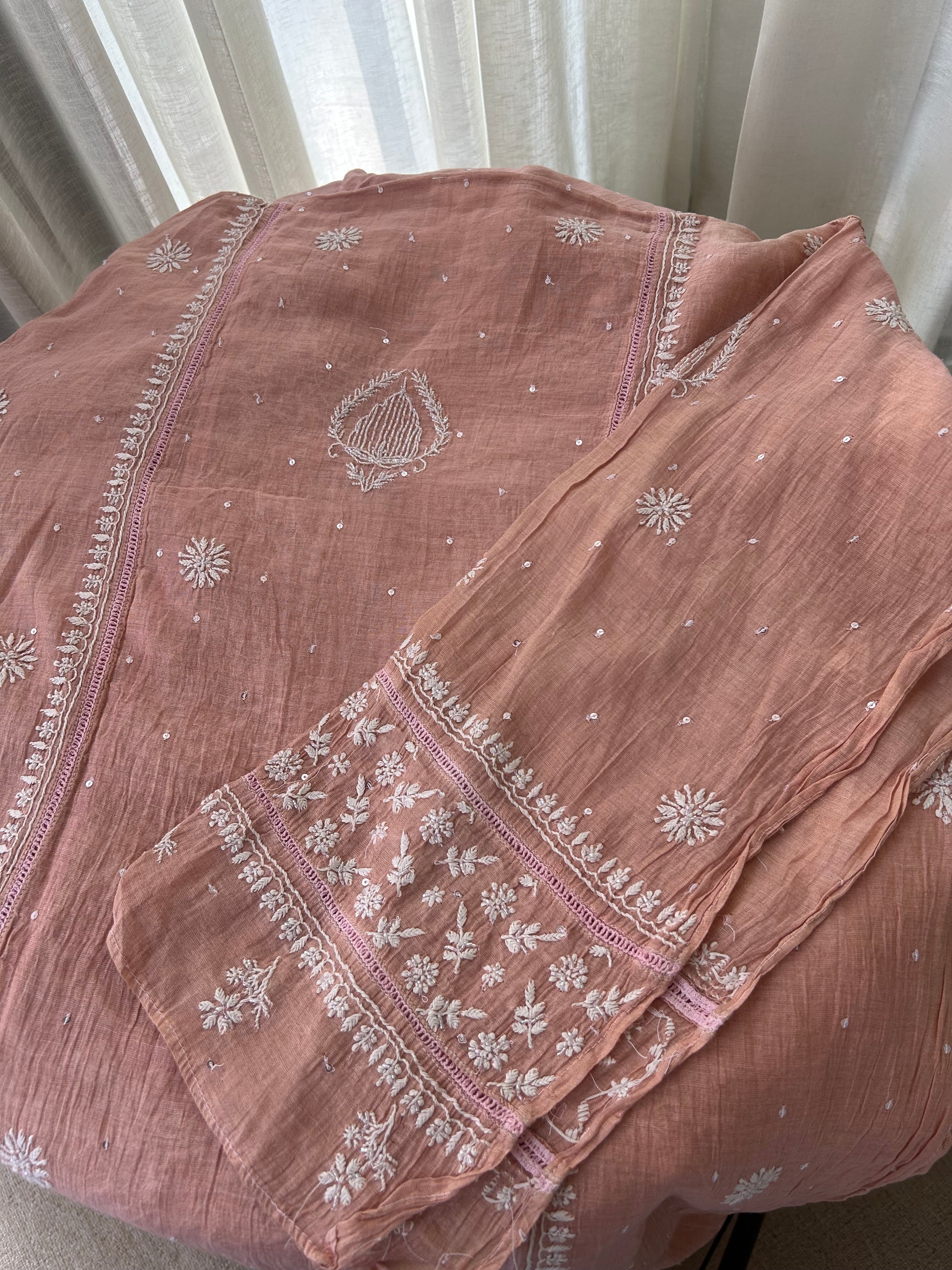 PINK TISSUE CHIKANKARI KURTA SET