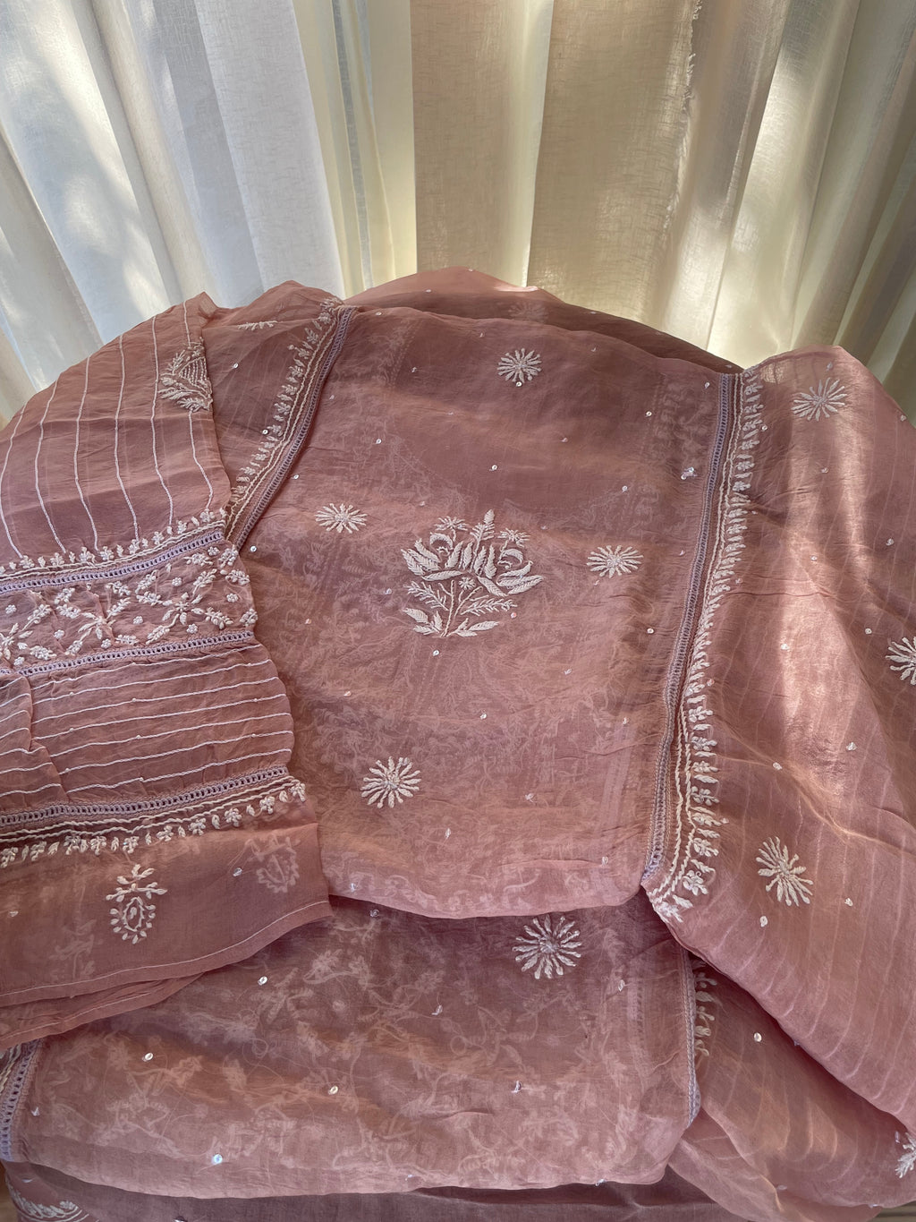 PINK ORGANZA CHIKANKARI KURTA SET