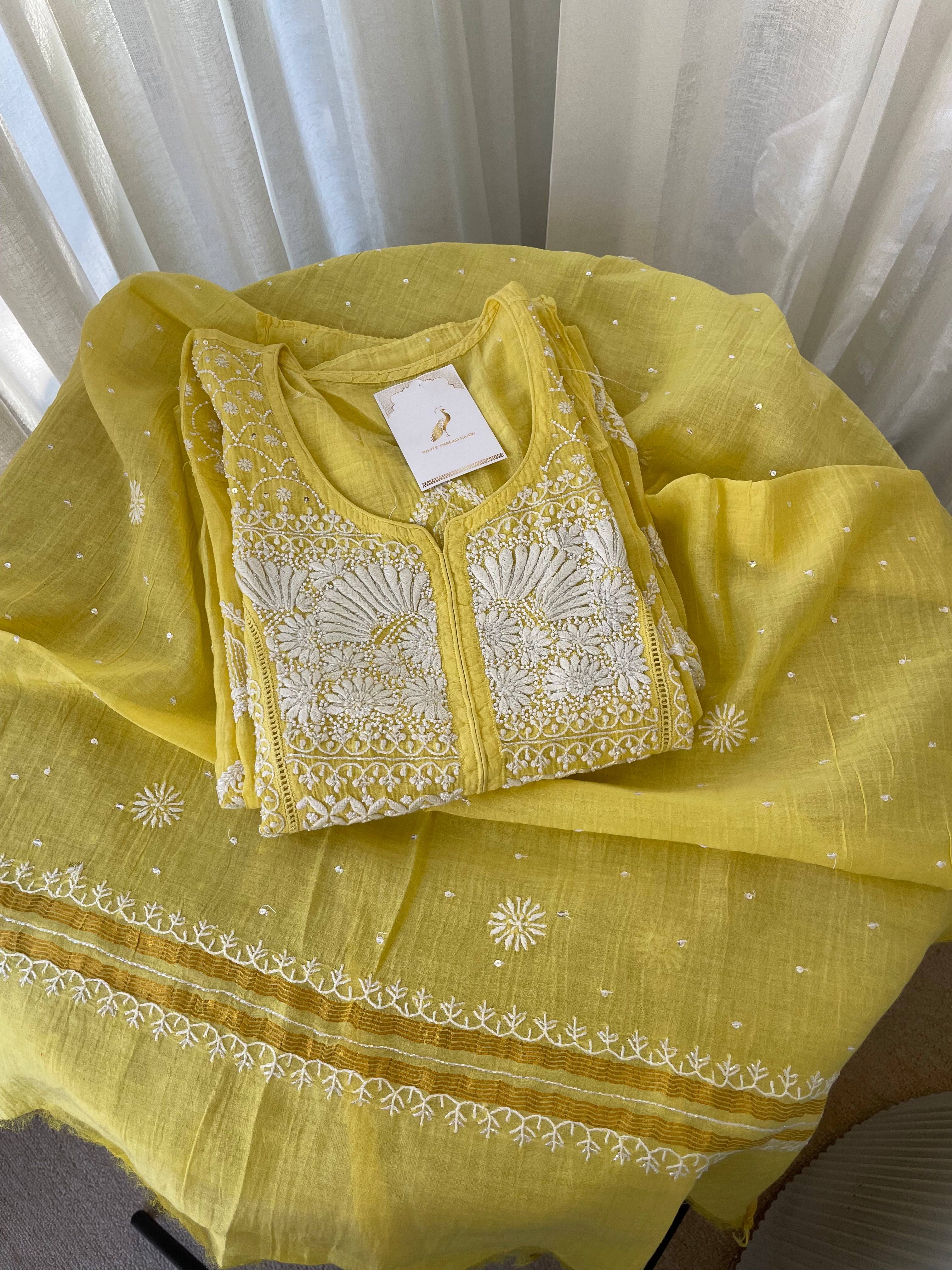 YELLOW MUL CHANDERI CHIKANKARI KURTA SET