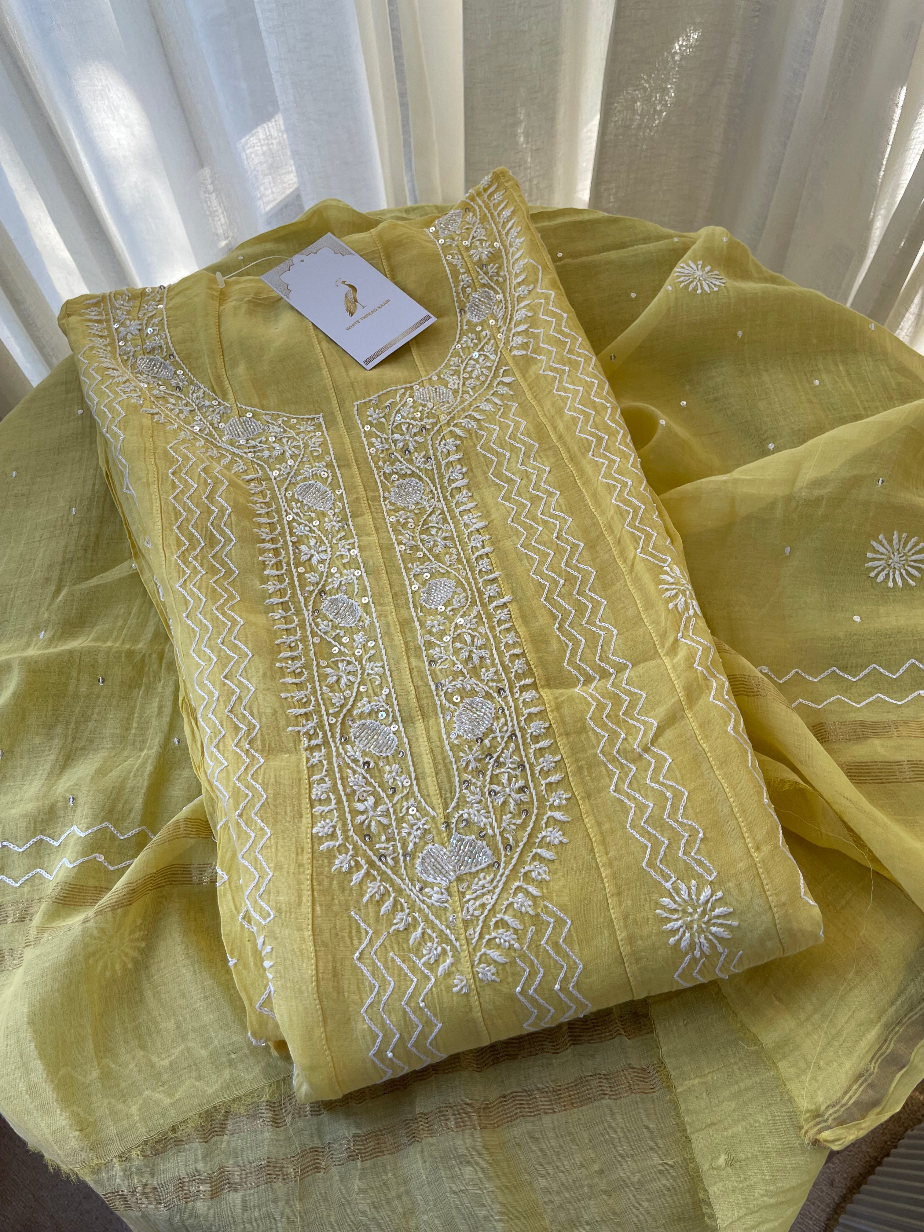 YELLOW MUL CHANDERI CHIKANKARI ANARKALI SET