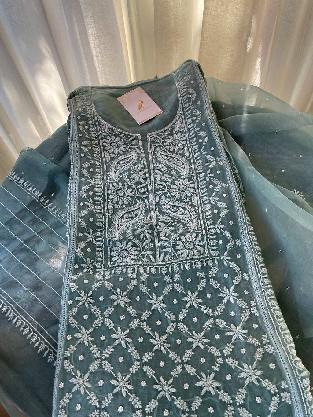 SEA GREEN ORGANZA CHIKANKARI KURTA SET