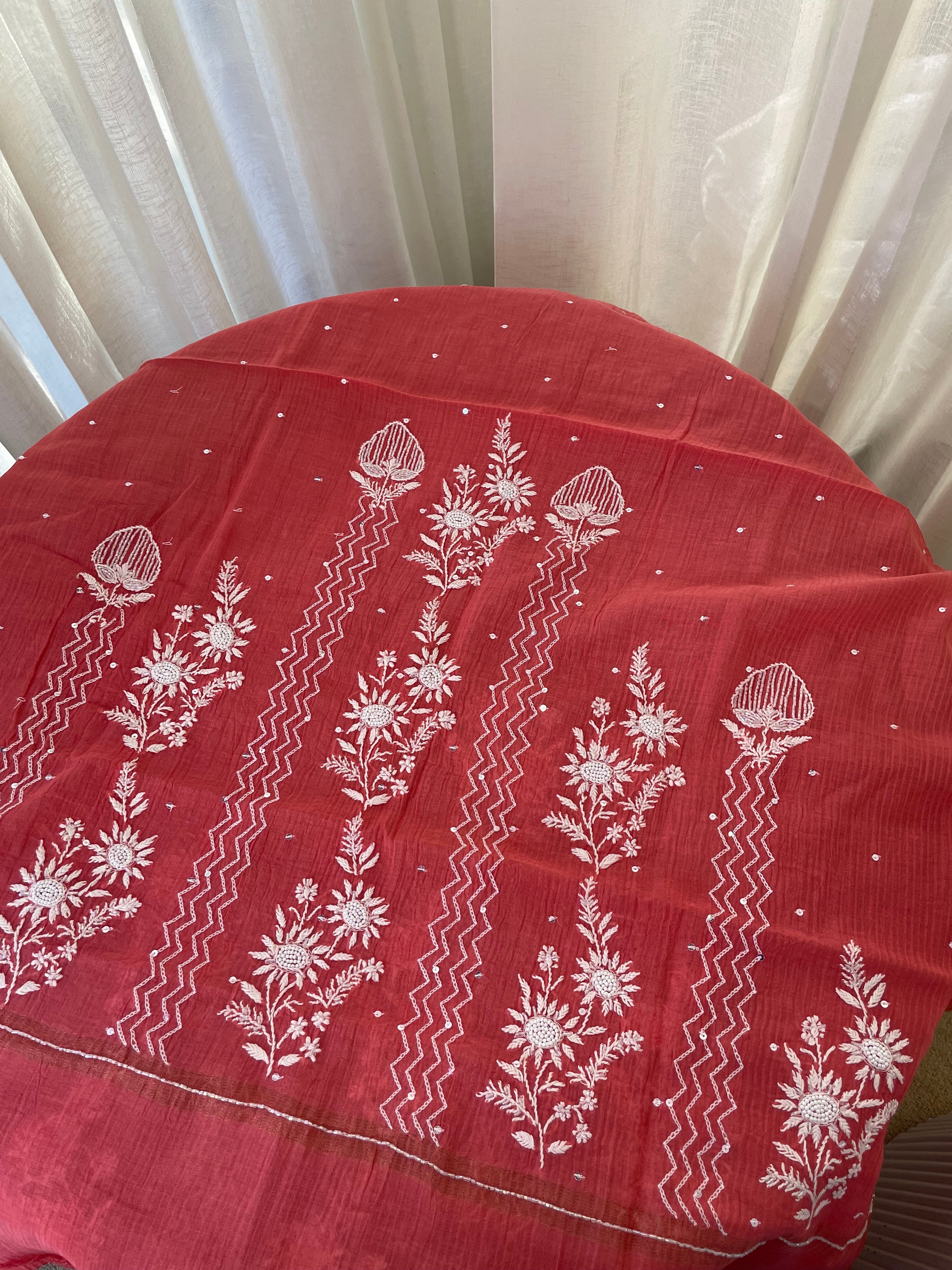 BERRY RED MAHESHWARI CHIKANKARI KURTA SET