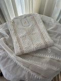 WHITE MUL CHANDERI CHIKANKARI KURTA SET