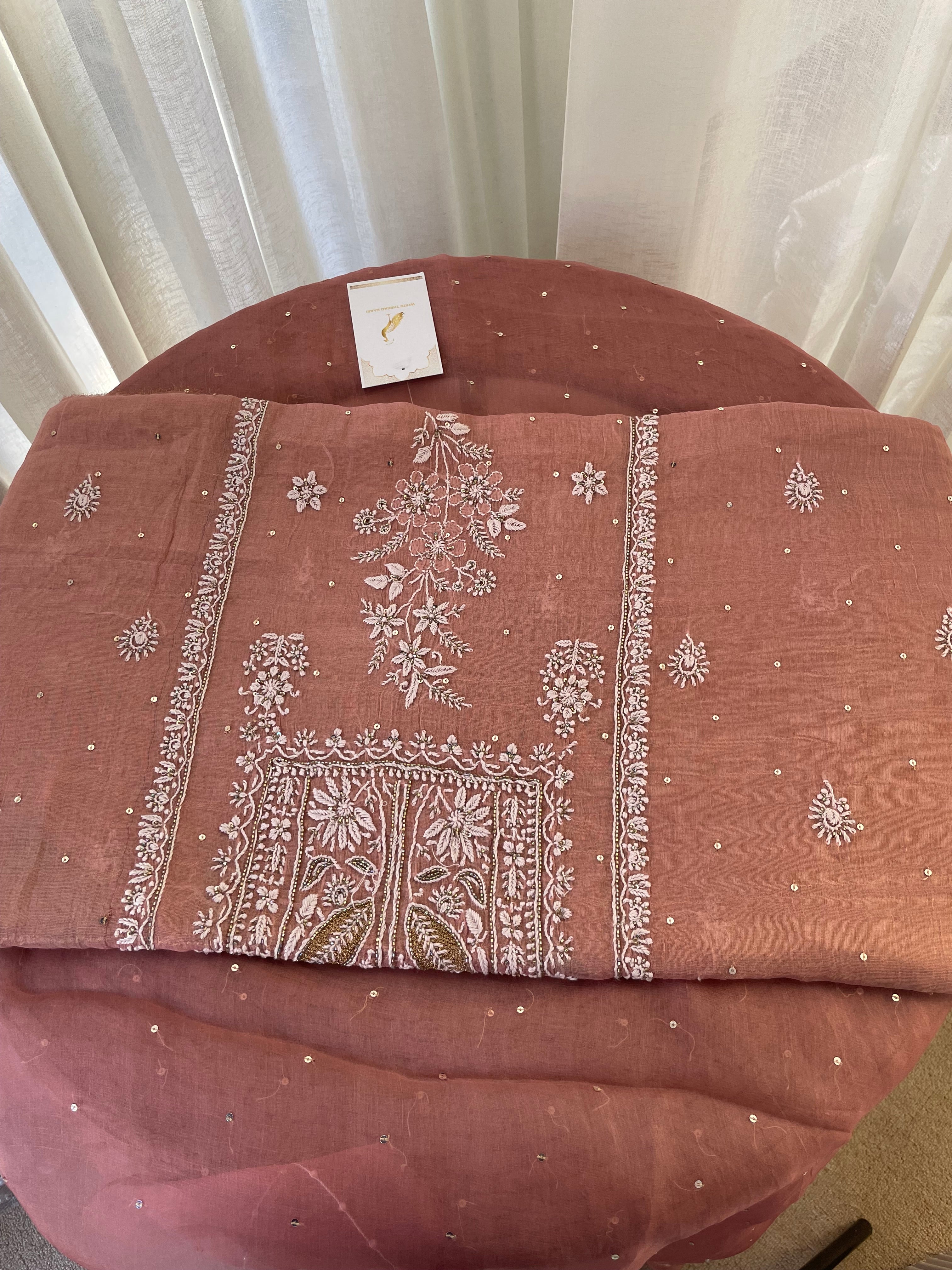 ROSE GOLD TISSUE CHIKANKARI STRAIGHT KURTA SET