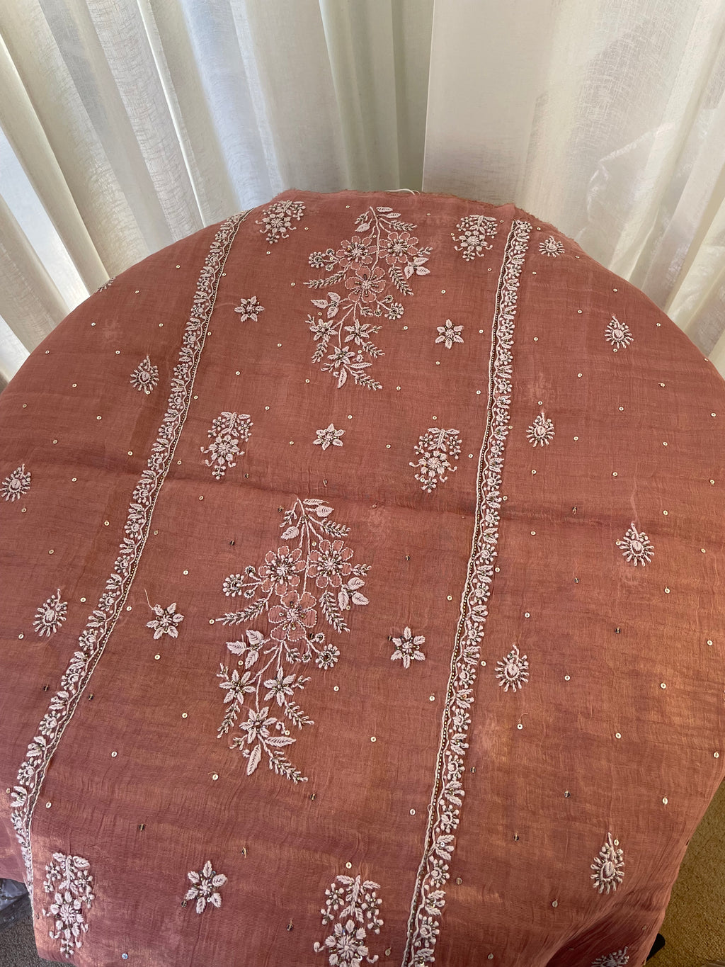 ROSE GOLD TISSUE CHIKANKARI STRAIGHT KURTA SET