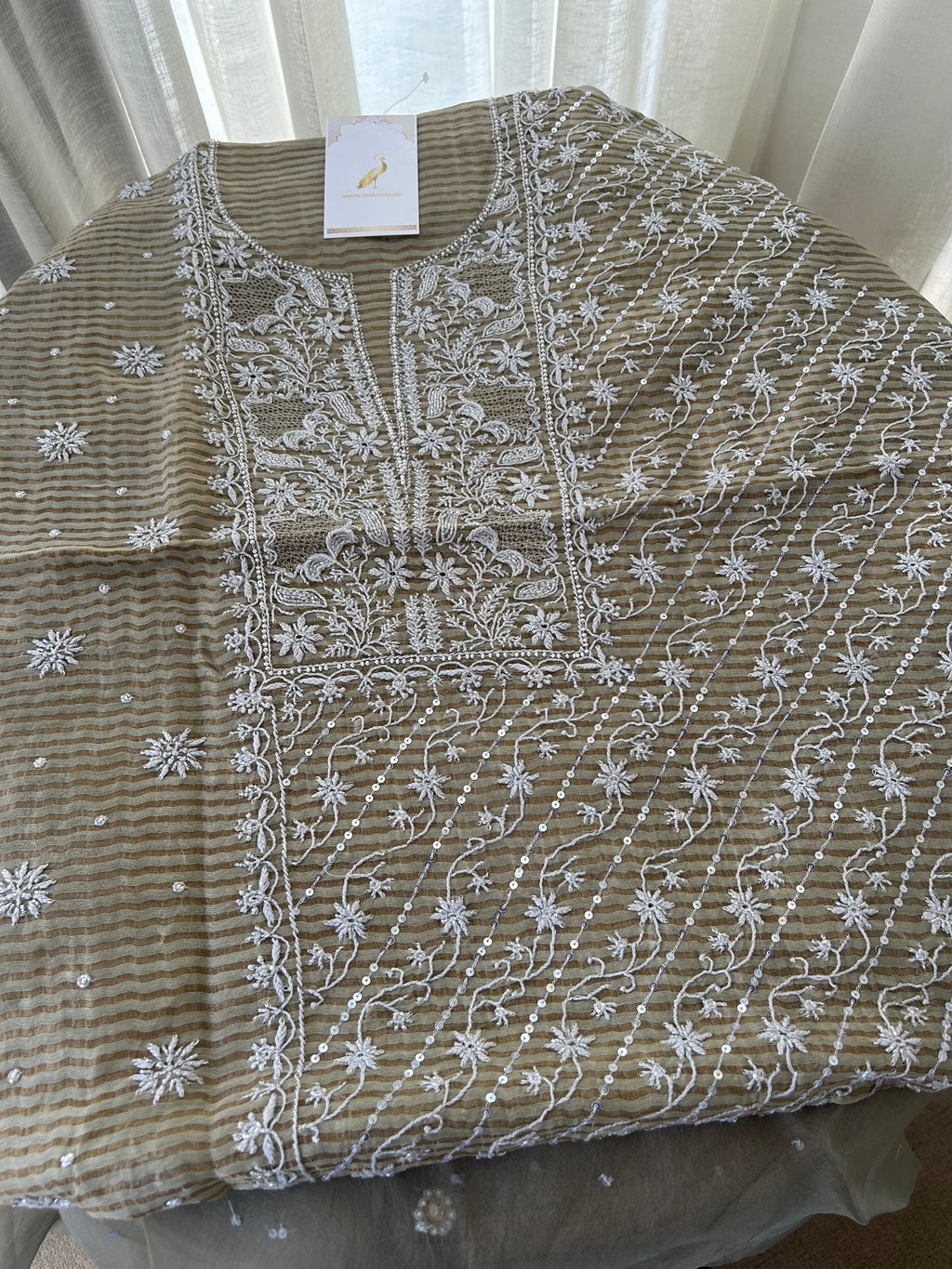 OLIVE GREEN TISSUE CHIKANKARI KURTA SET