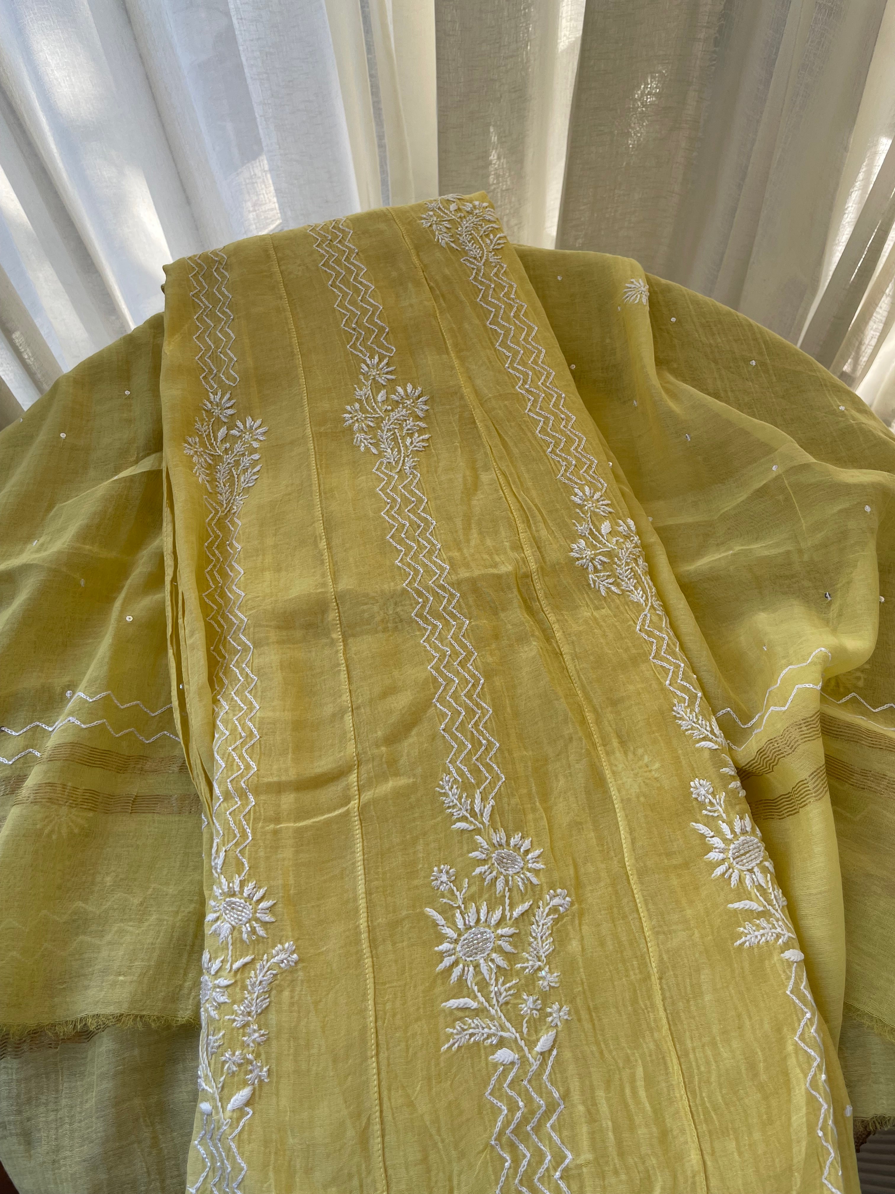 YELLOW MUL CHANDERI CHIKANKARI ANARKALI SET