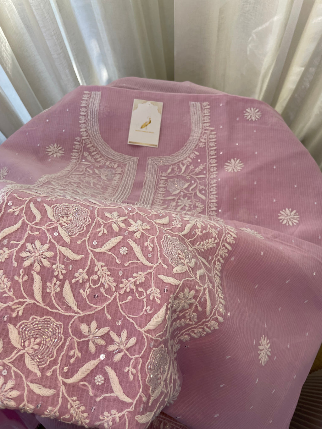 LAVENDER MAHESHWARI CHIKANKARI KURTA SET