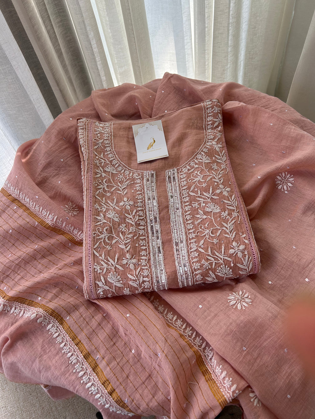 PINK TISSUE CHIKANKARI KURTA SET