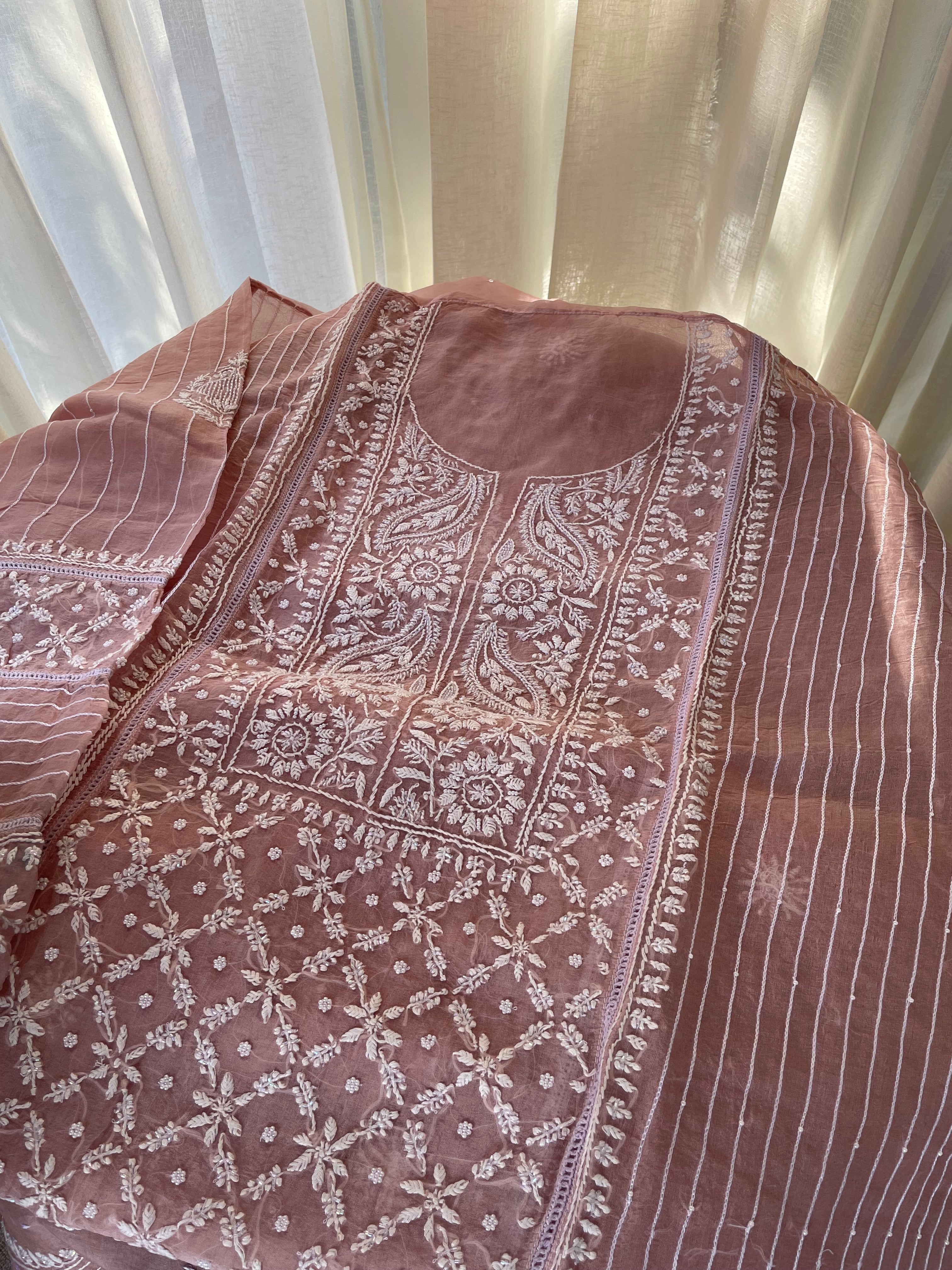 PINK ORGANZA CHIKANKARI KURTA SET