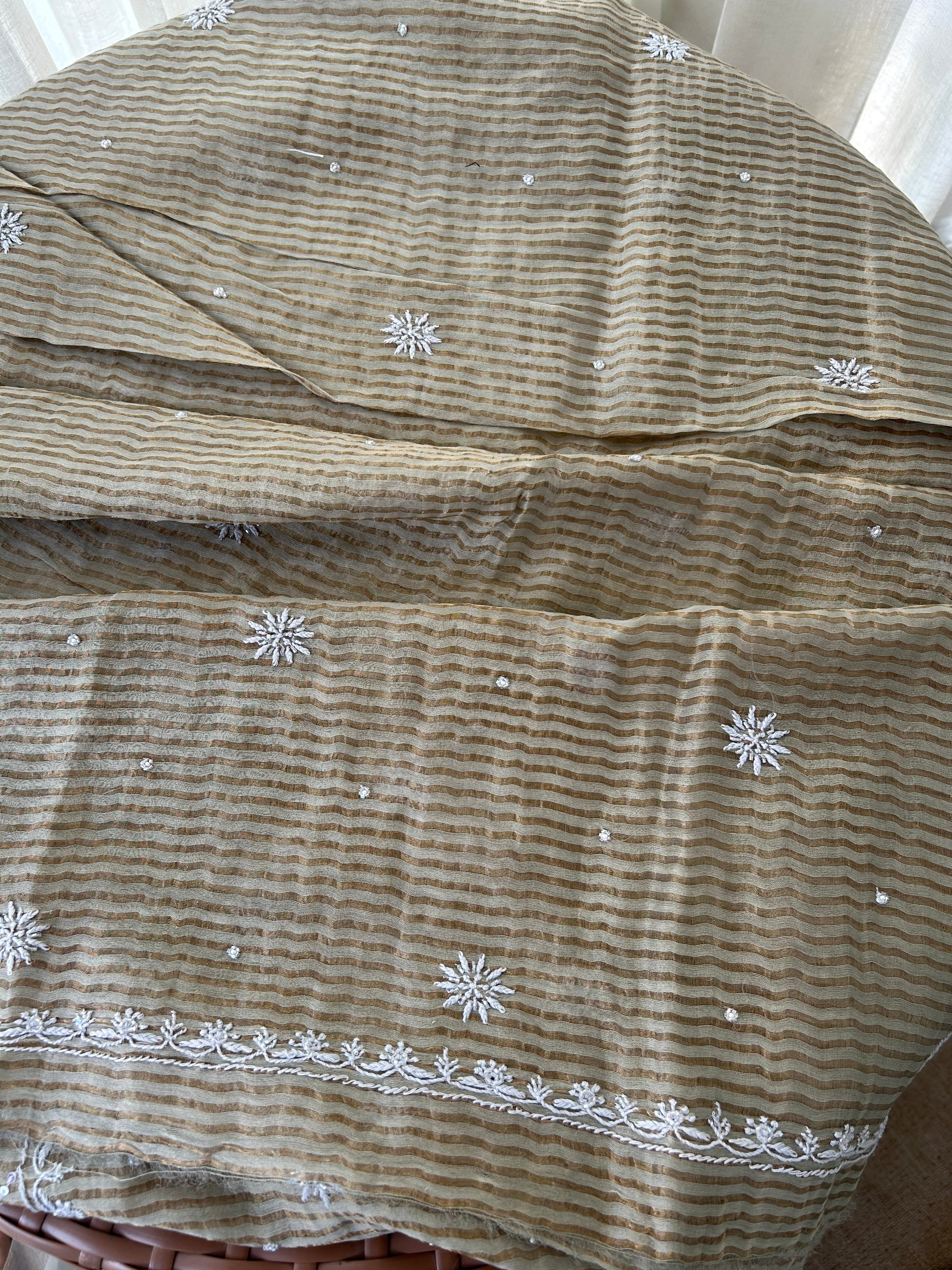 OLIVE GREEN TISSUE CHIKANKARI KURTA SET