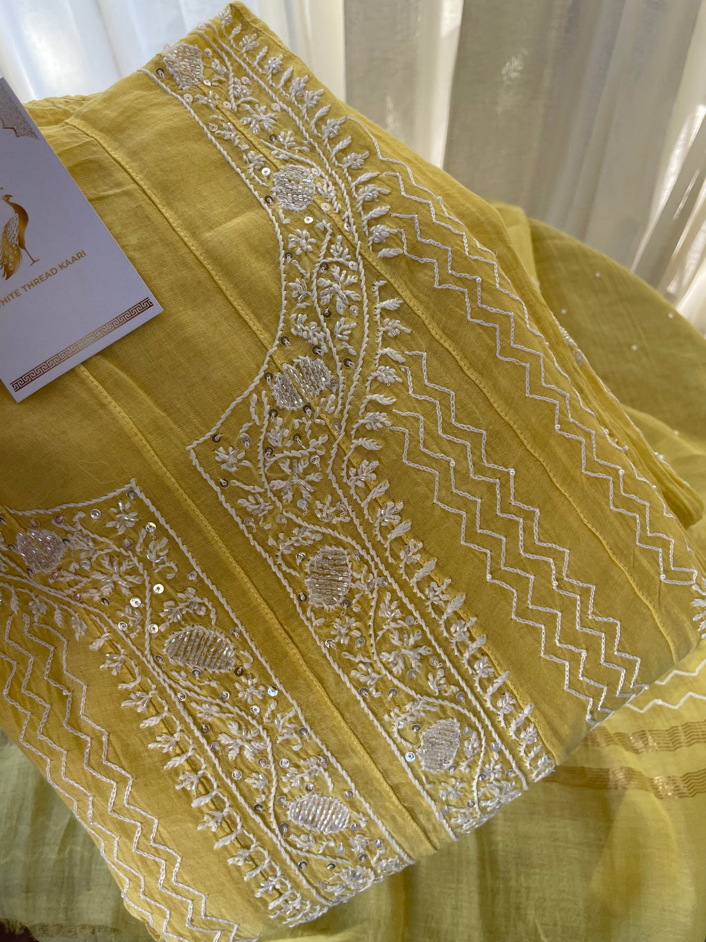 YELLOW MUL CHANDERI CHIKANKARI ANARKALI SET