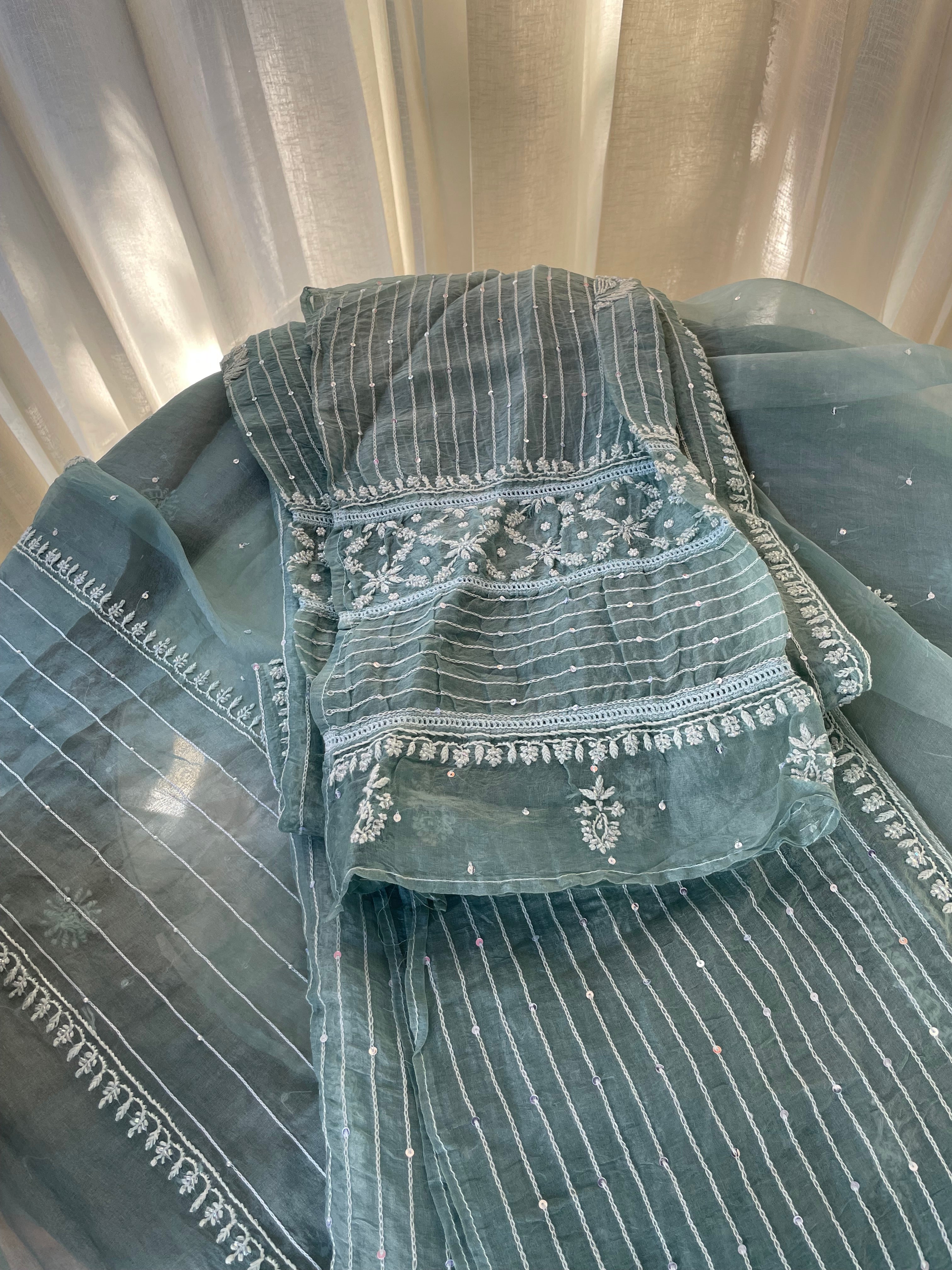 SEA GREEN ORGANZA CHIKANKARI KURTA SET