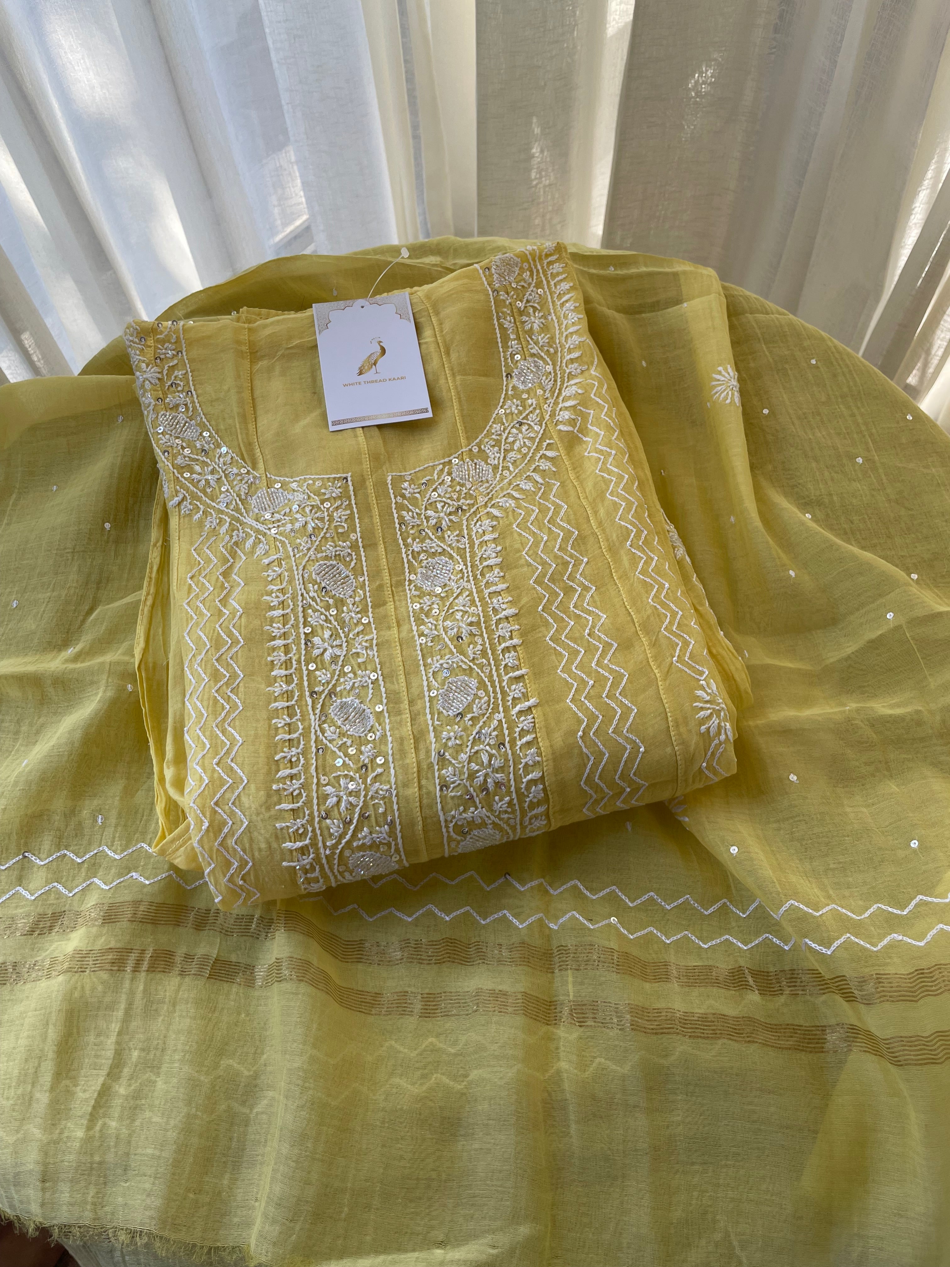 YELLOW MUL CHANDERI CHIKANKARI ANARKALI SET