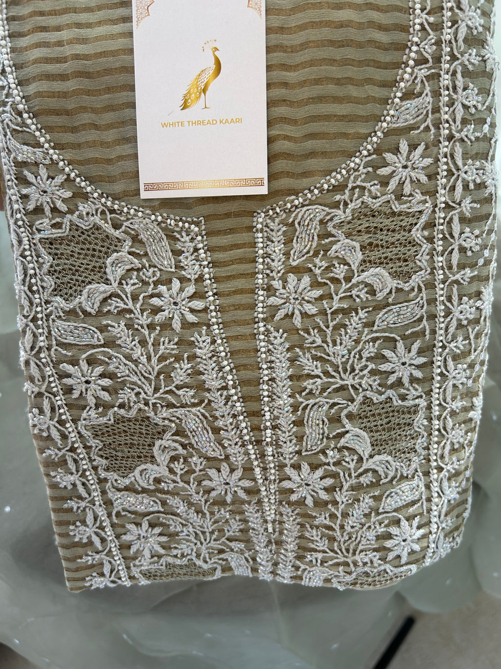 OLIVE GREEN TISSUE CHIKANKARI KURTA SET