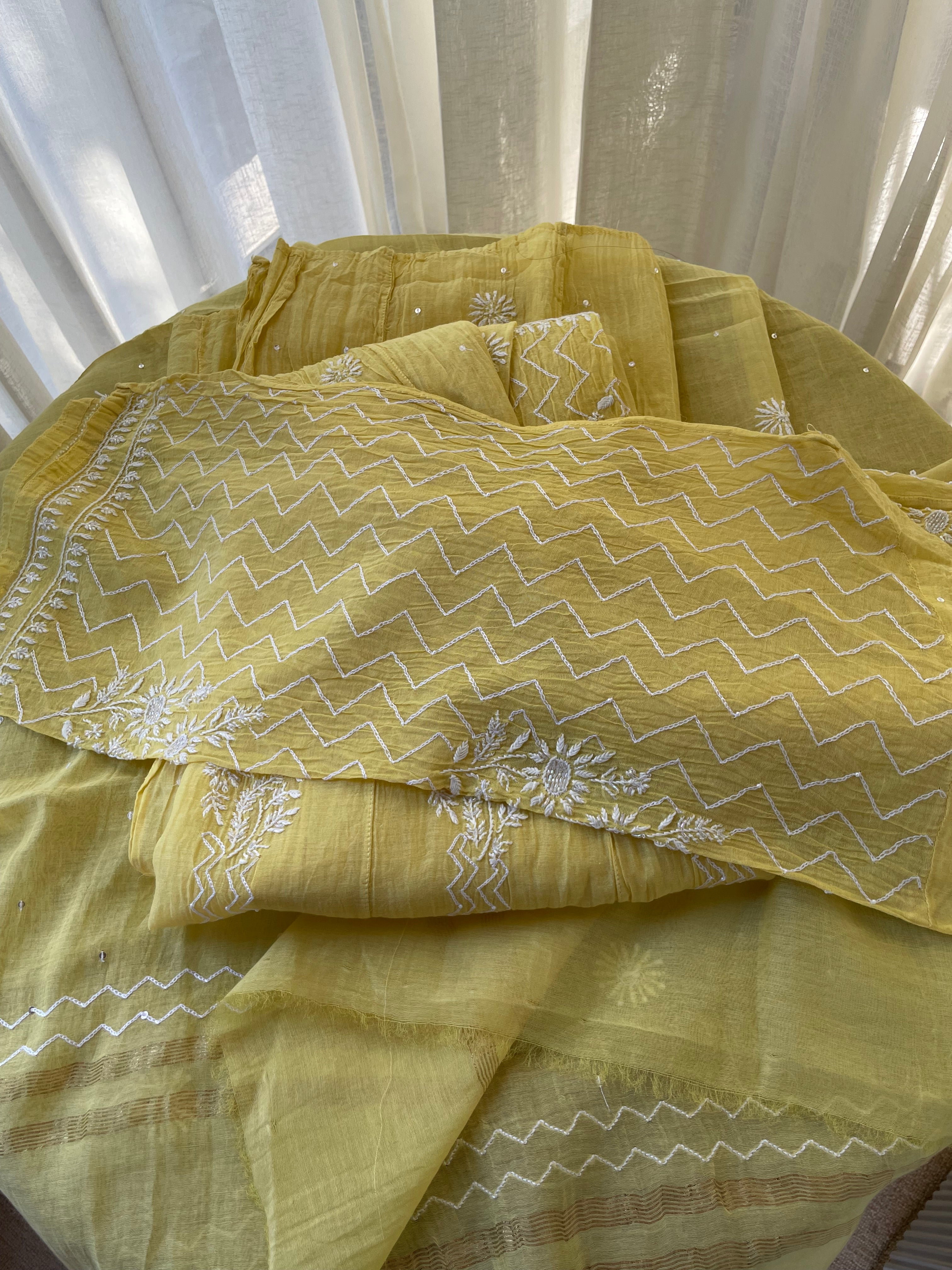 YELLOW MUL CHANDERI CHIKANKARI ANARKALI SET