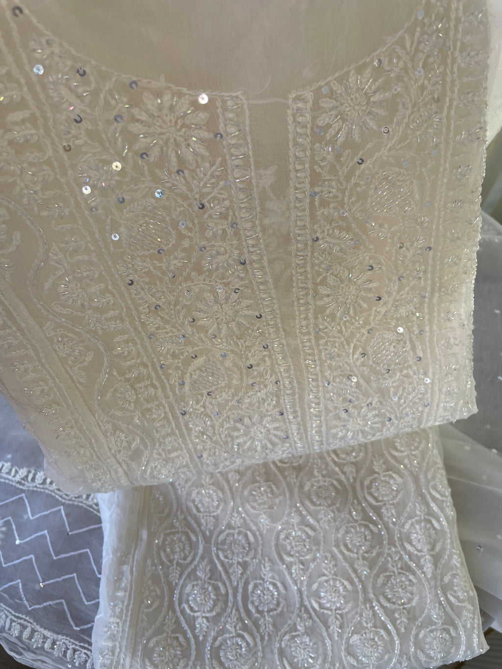 PEARL WHITE ORGANZA CHIKANKARI KURTA SET
