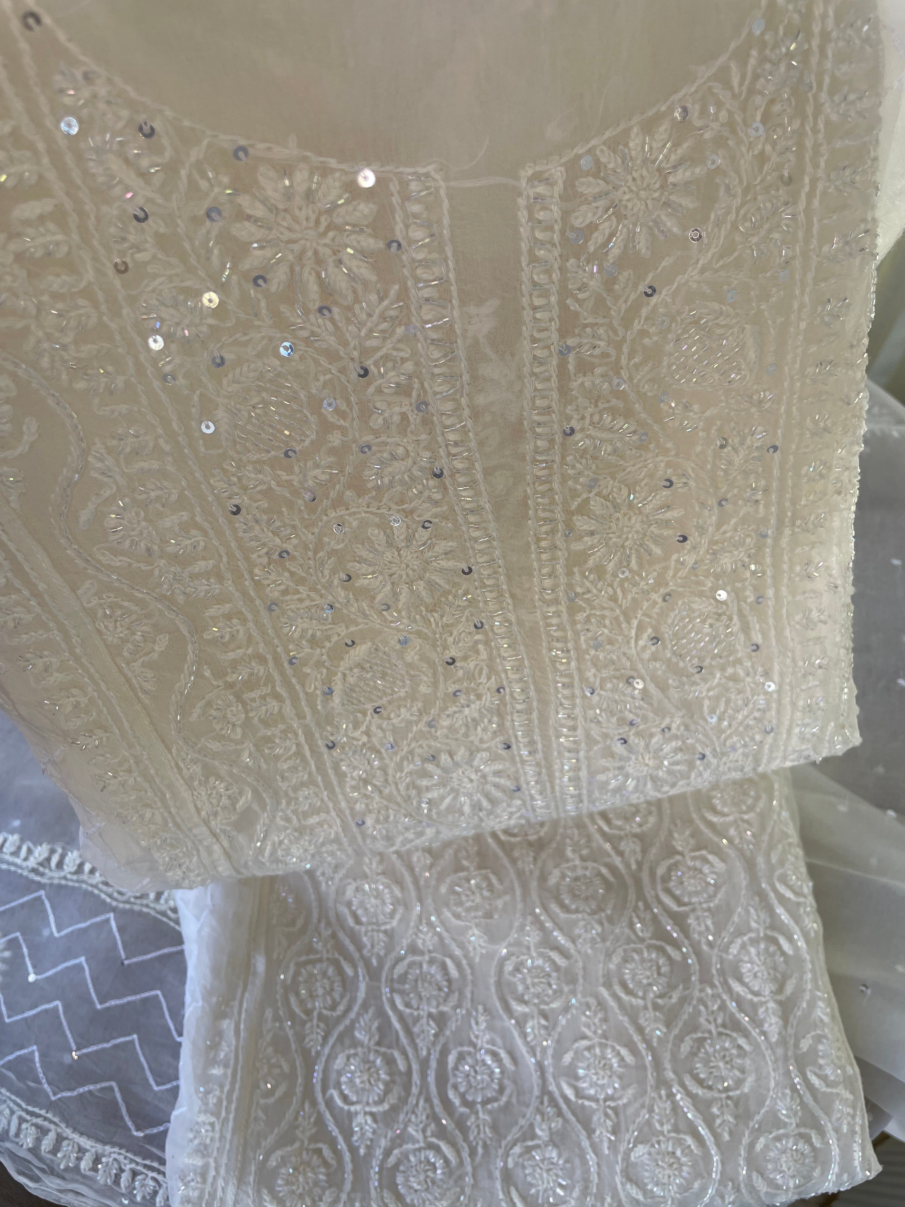 PEARL WHITE ORGANZA CHIKANKARI KURTA SET
