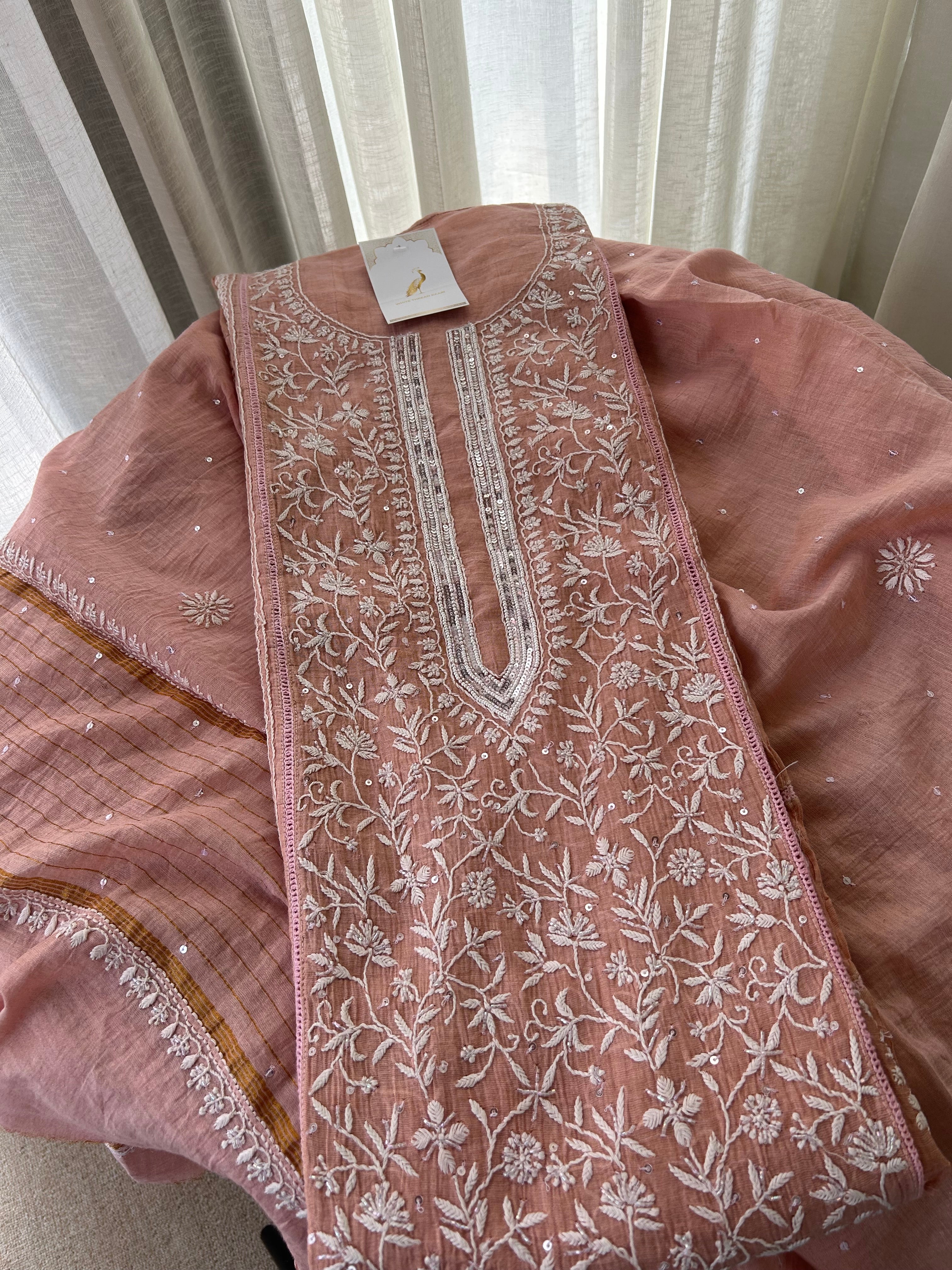 PINK TISSUE CHIKANKARI KURTA SET