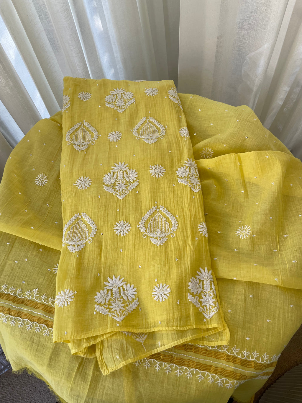 YELLOW MUL CHANDERI CHIKANKARI KURTA SET