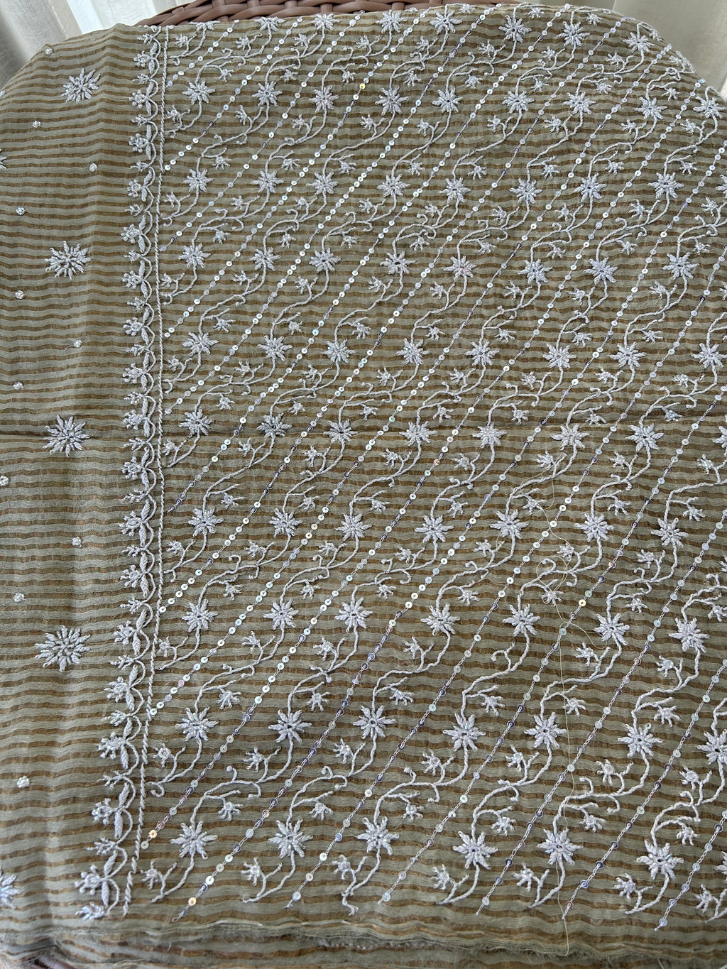 OLIVE GREEN TISSUE CHIKANKARI KURTA SET