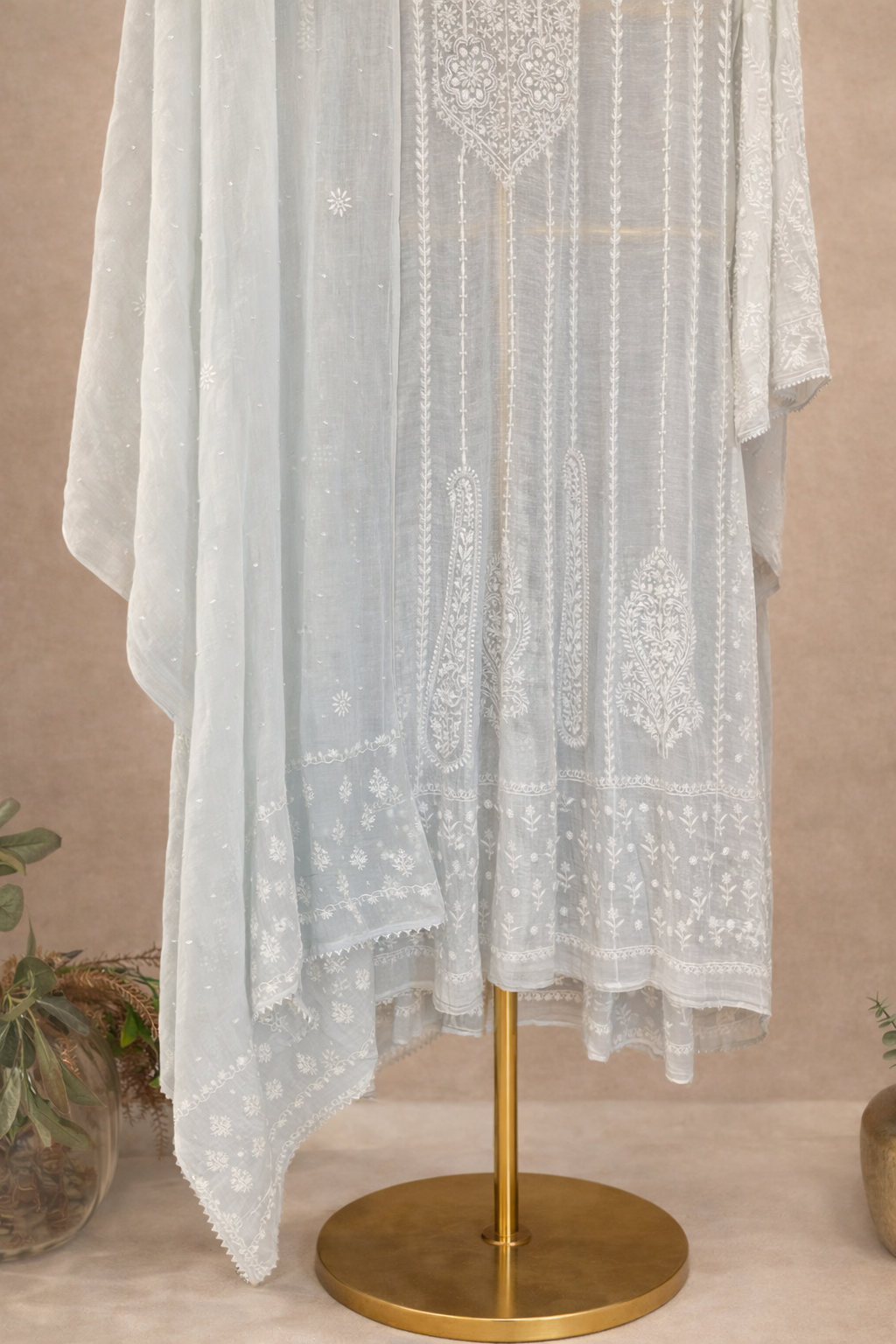 SKY BLUE MUL CHANDERI CHIKANKARI ANARKALI SET