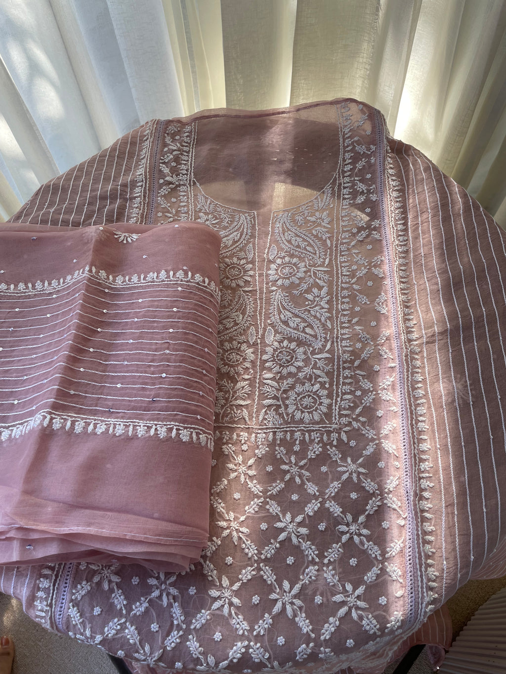 PINK ORGANZA CHIKANKARI KURTA SET