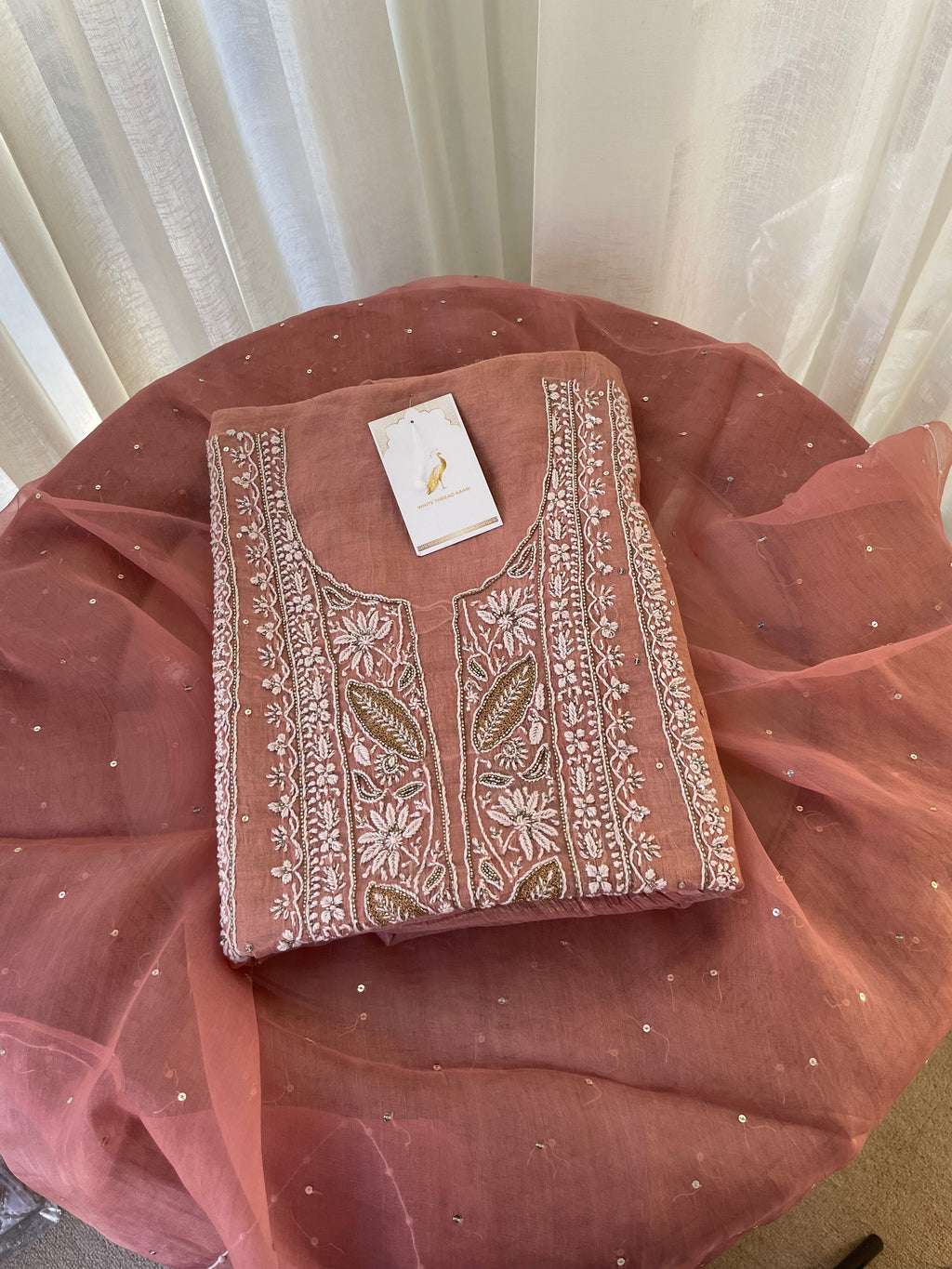 ROSE GOLD TISSUE CHIKANKARI STRAIGHT KURTA SET
