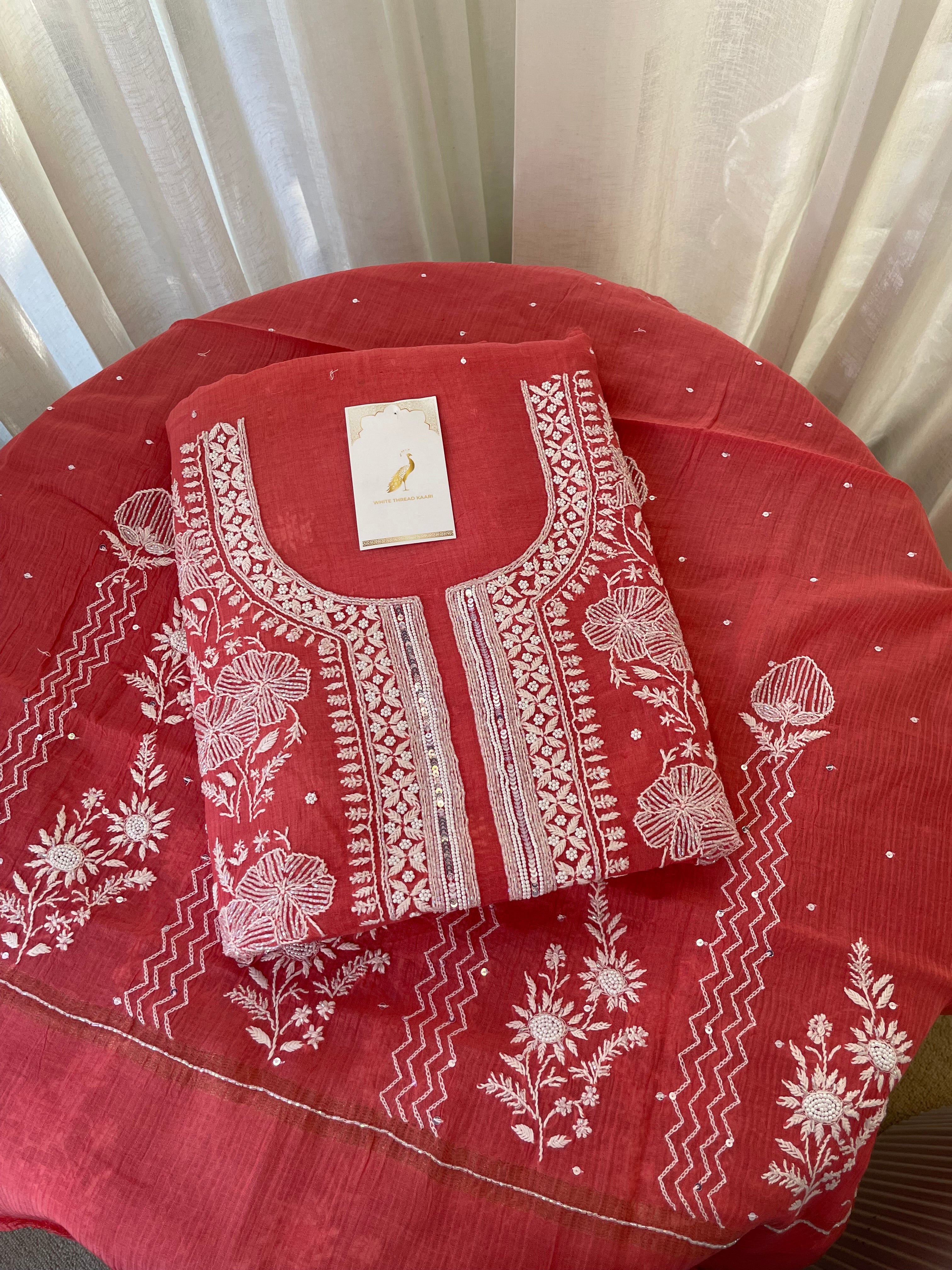 BERRY RED MAHESHWARI CHIKANKARI KURTA SET