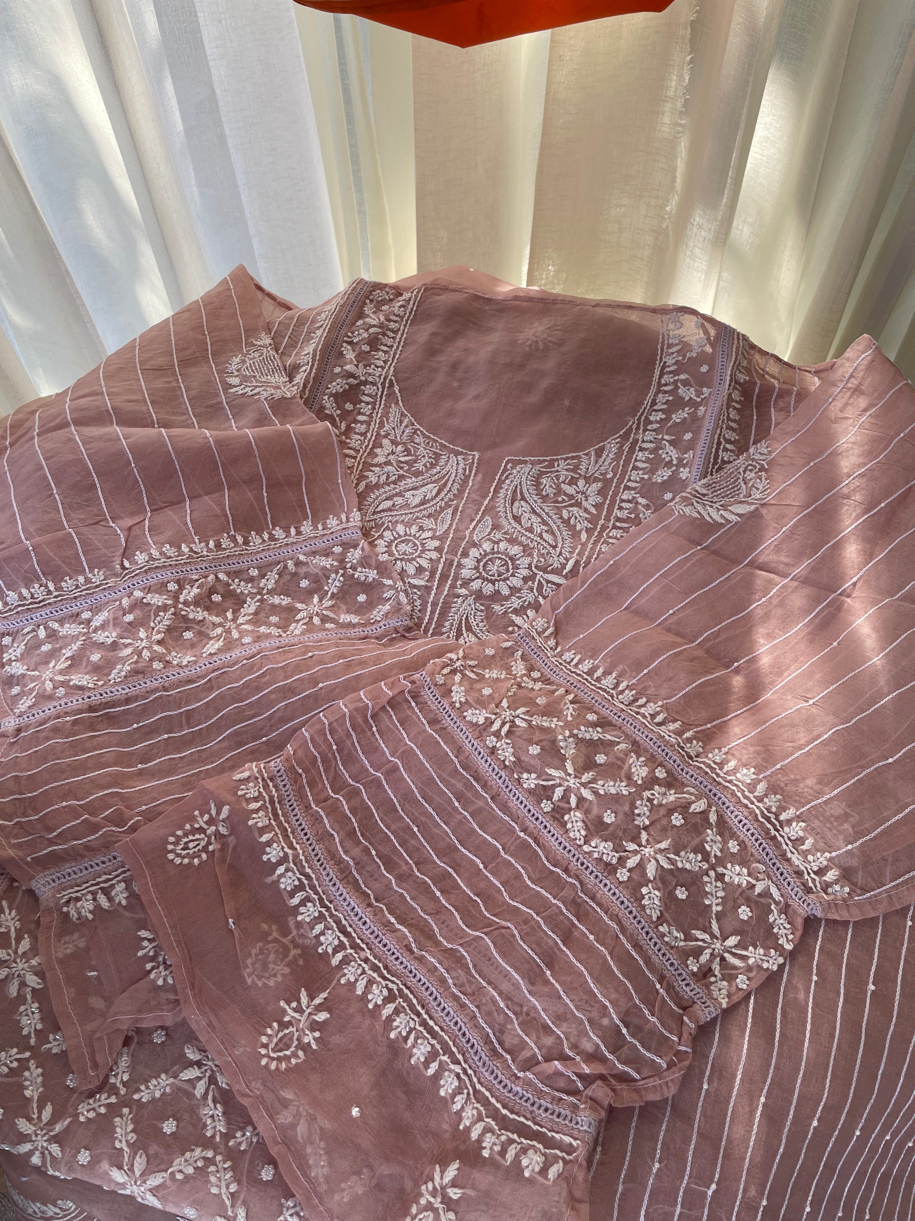 PINK ORGANZA CHIKANKARI KURTA SET