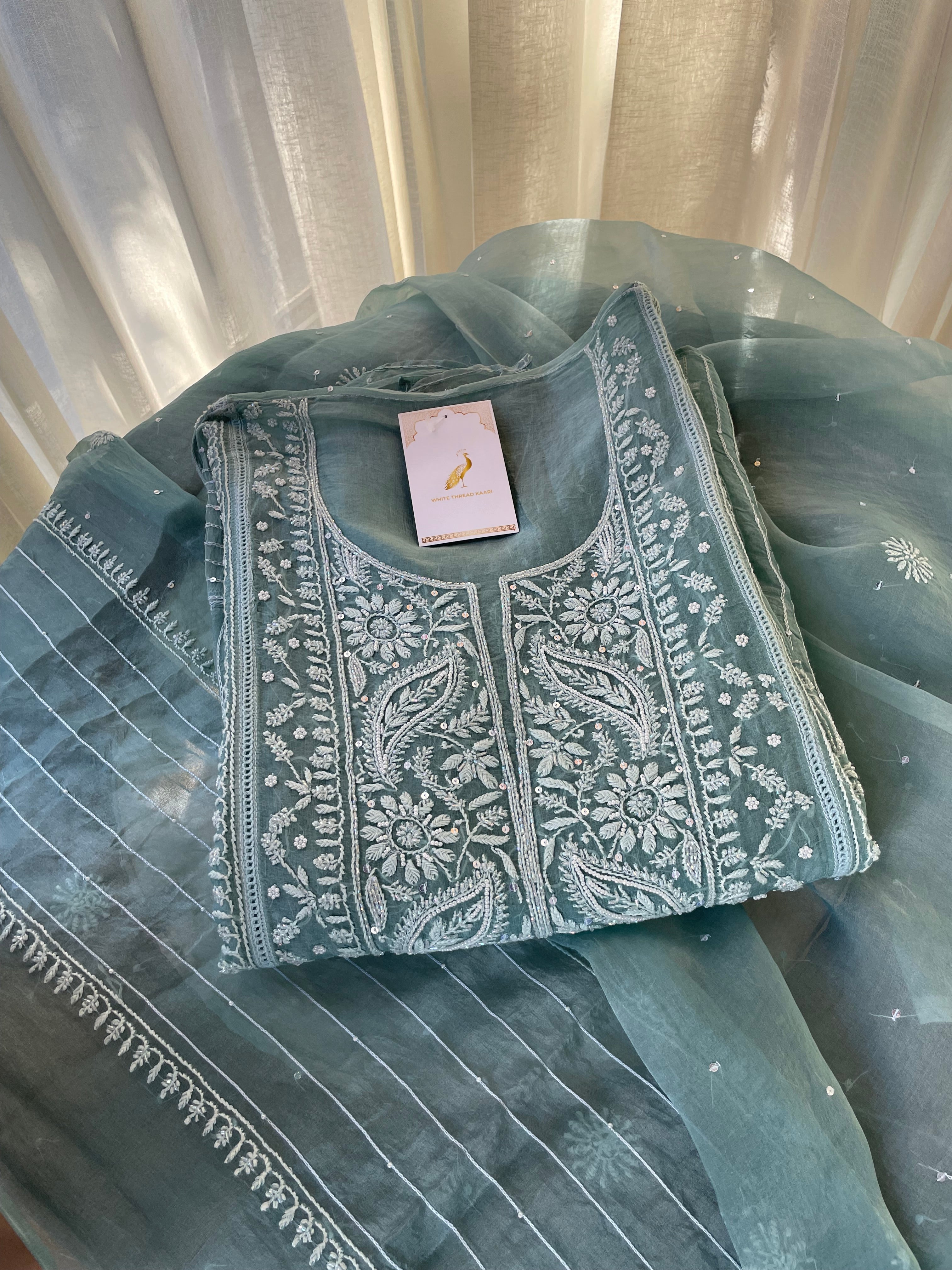 SEA GREEN ORGANZA CHIKANKARI KURTA SET