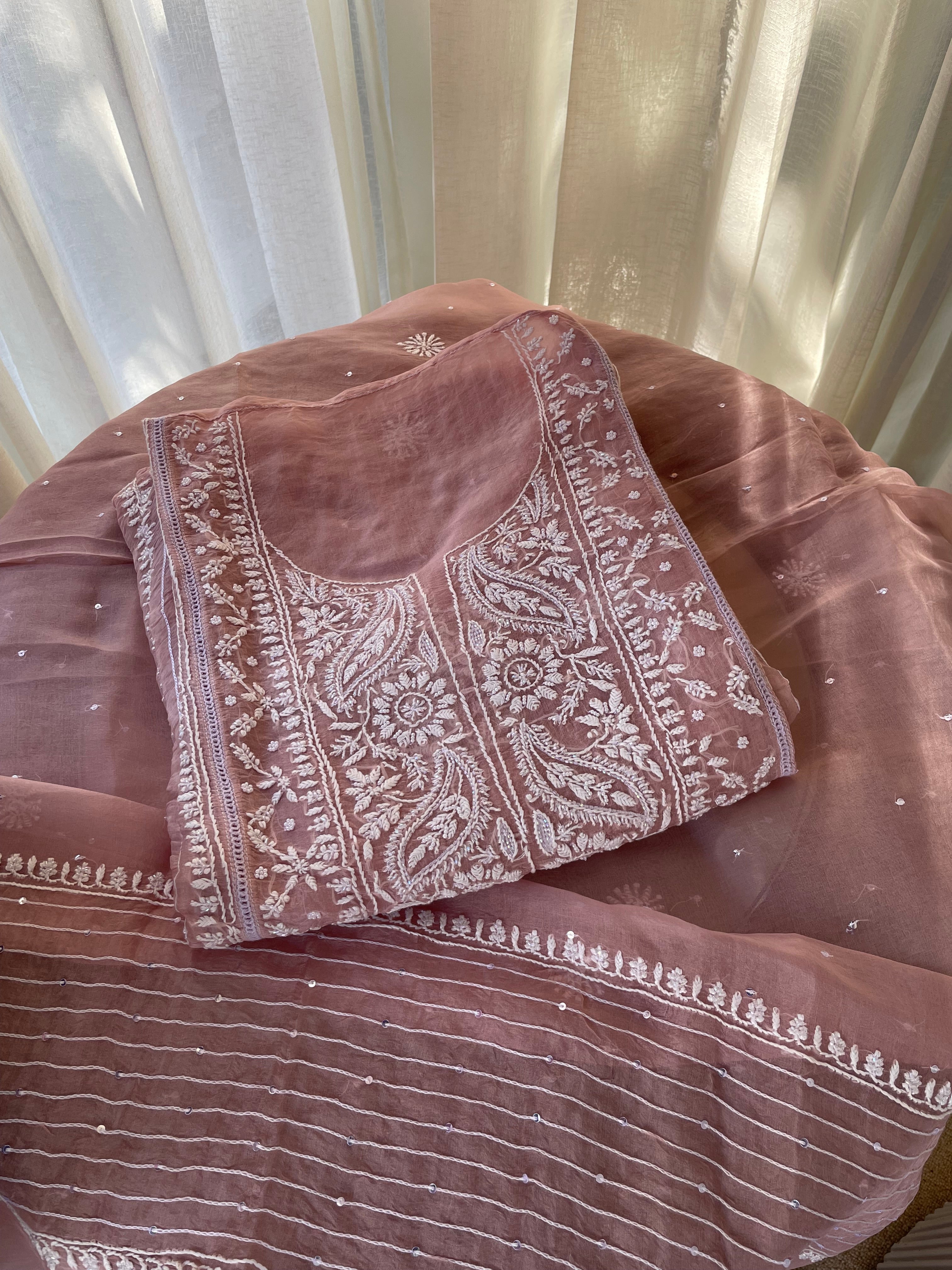 PINK ORGANZA CHIKANKARI KURTA SET