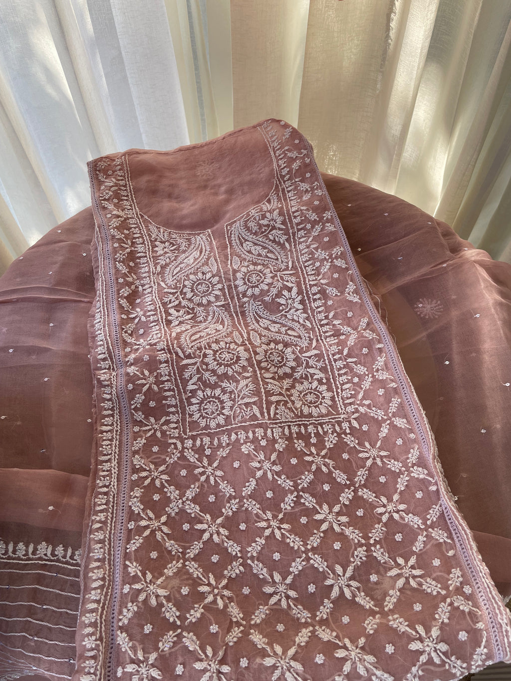 PINK ORGANZA CHIKANKARI KURTA SET