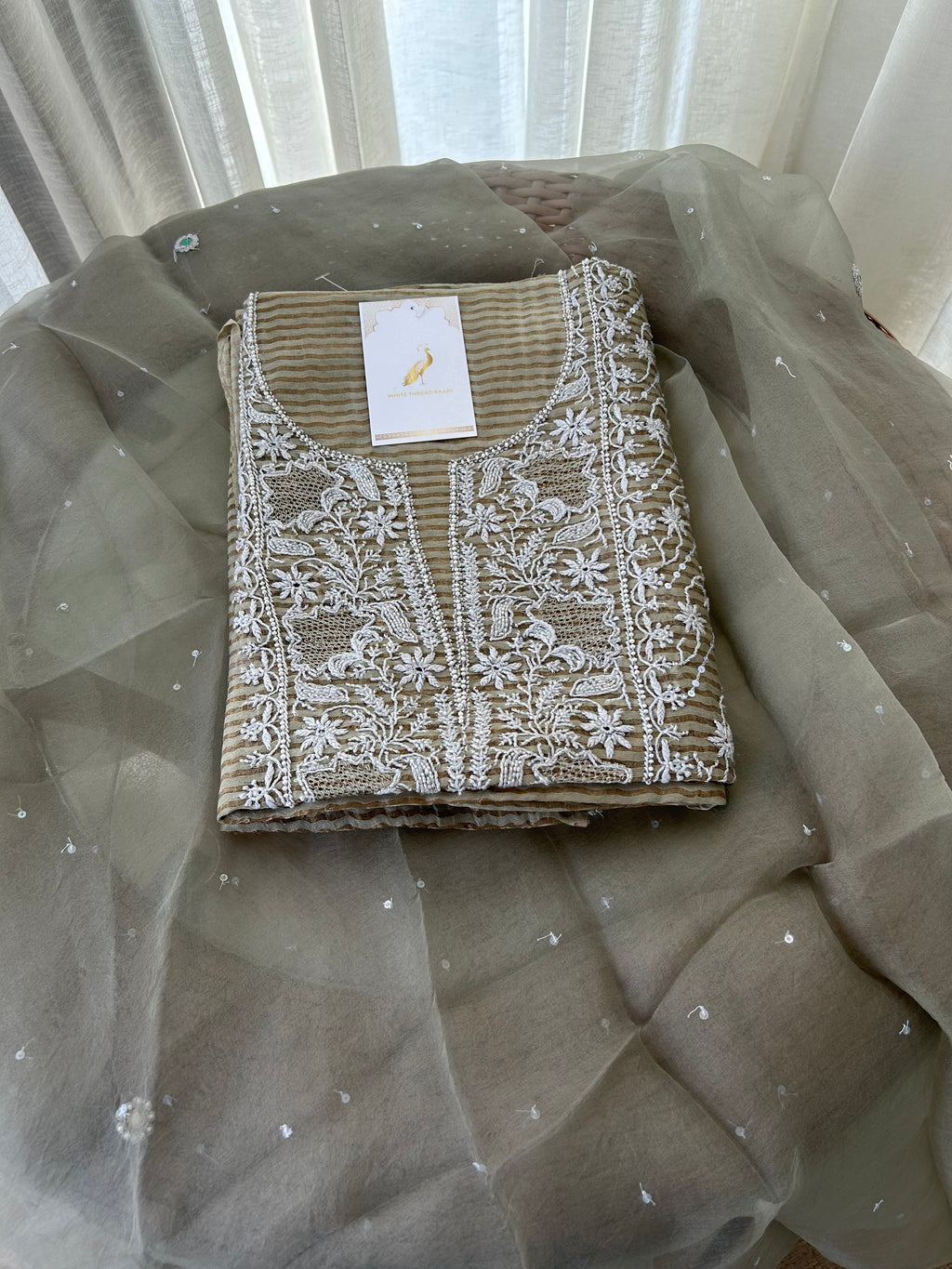 OLIVE GREEN TISSUE CHIKANKARI KURTA SET
