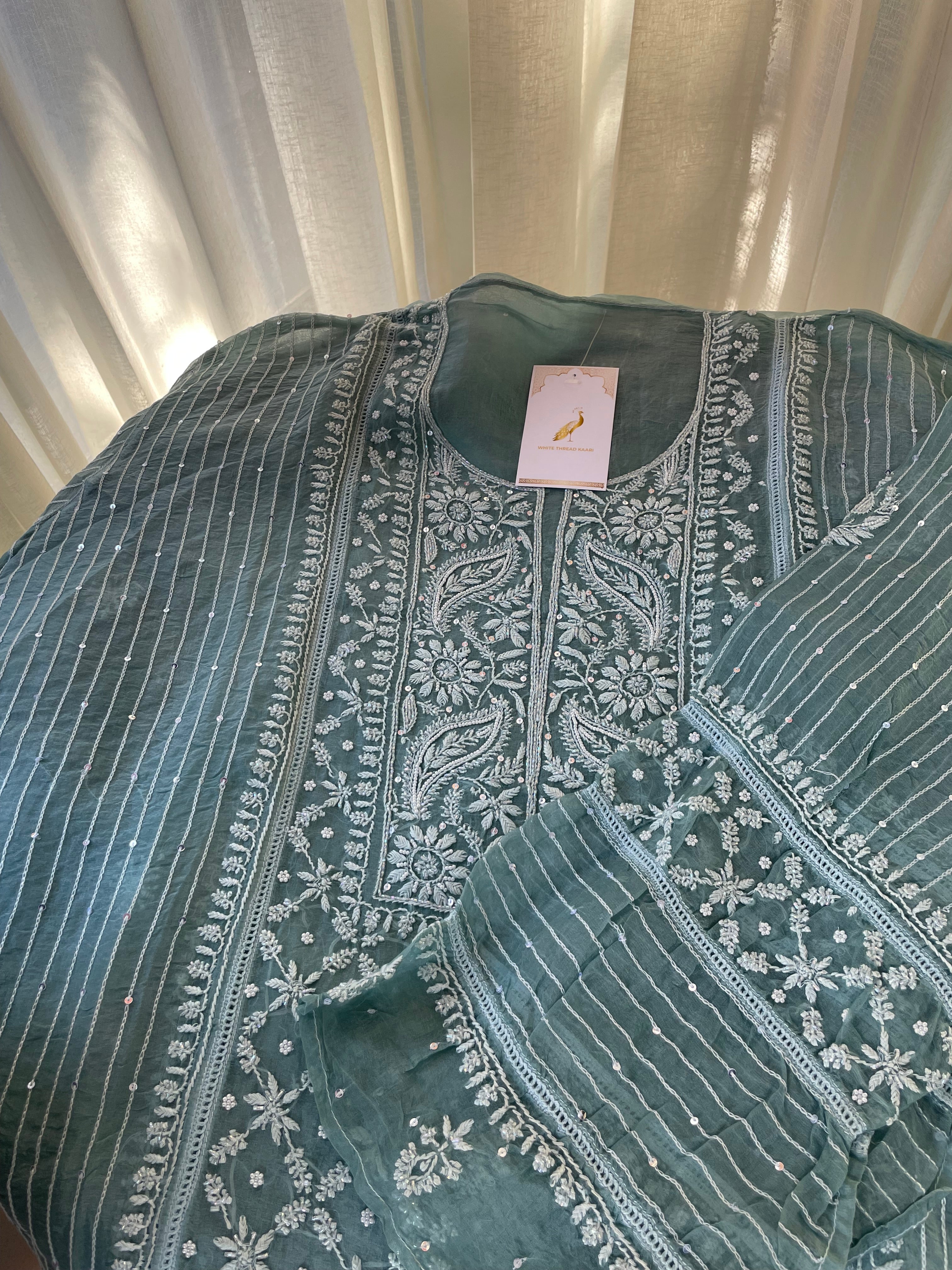 SEA GREEN ORGANZA CHIKANKARI KURTA SET