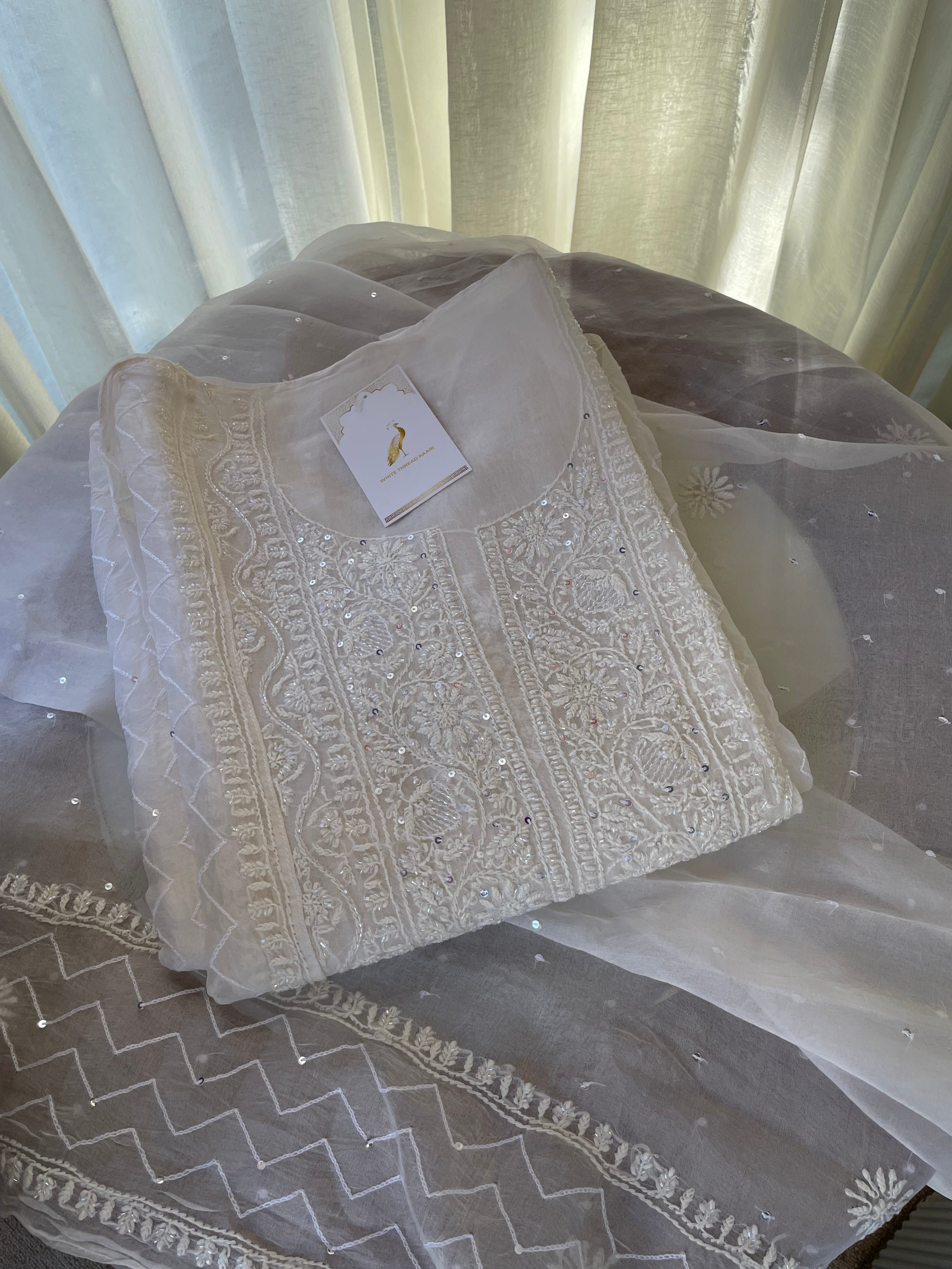 PEARL WHITE ORGANZA CHIKANKARI KURTA SET