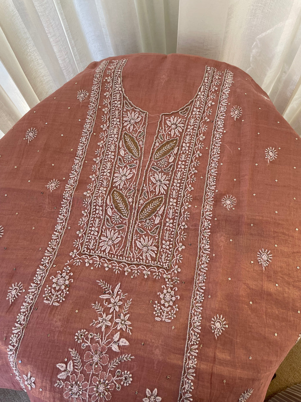 ROSE GOLD TISSUE CHIKANKARI STRAIGHT KURTA SET