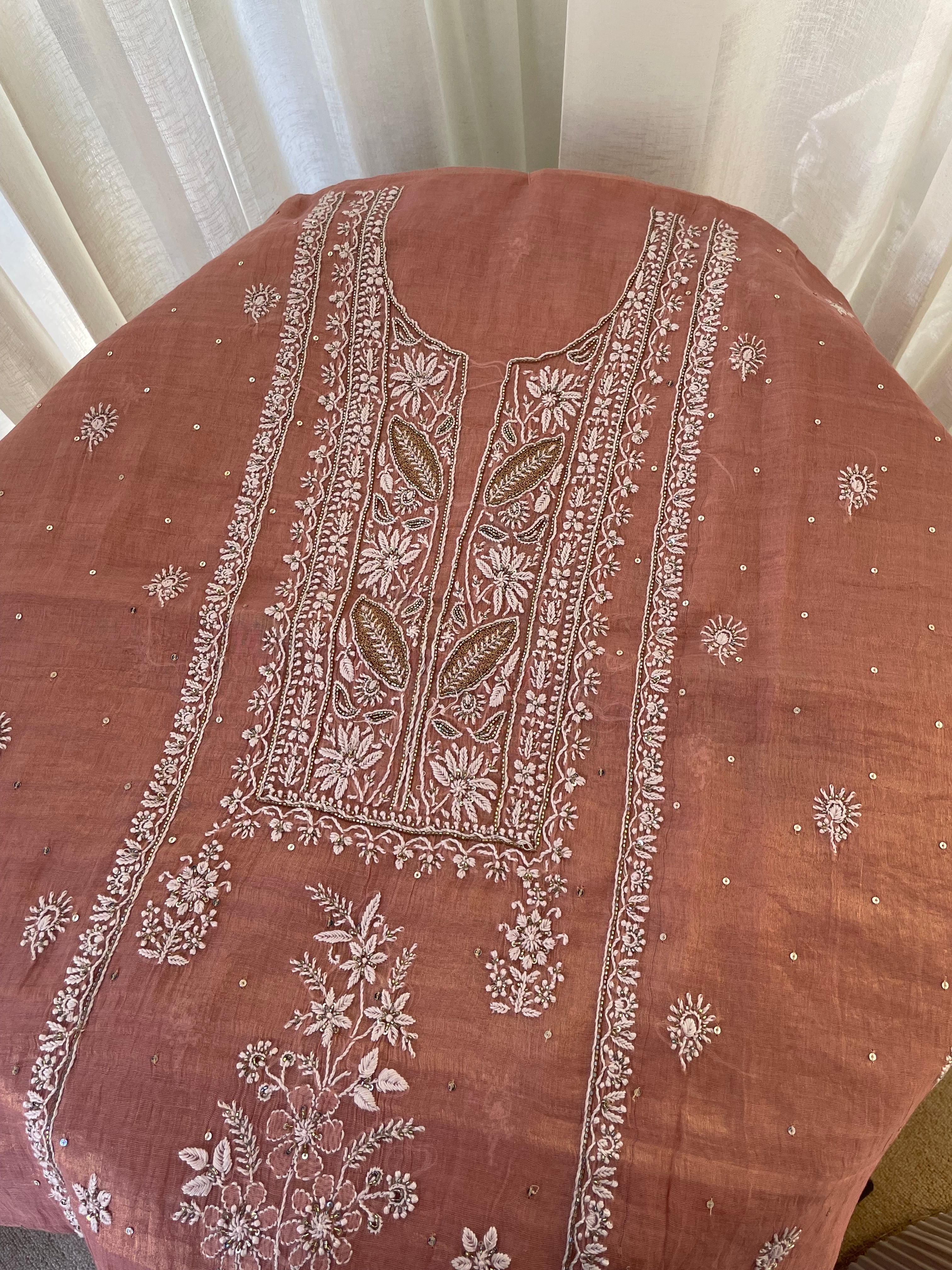ROSE GOLD TISSUE CHIKANKARI STRAIGHT KURTA SET