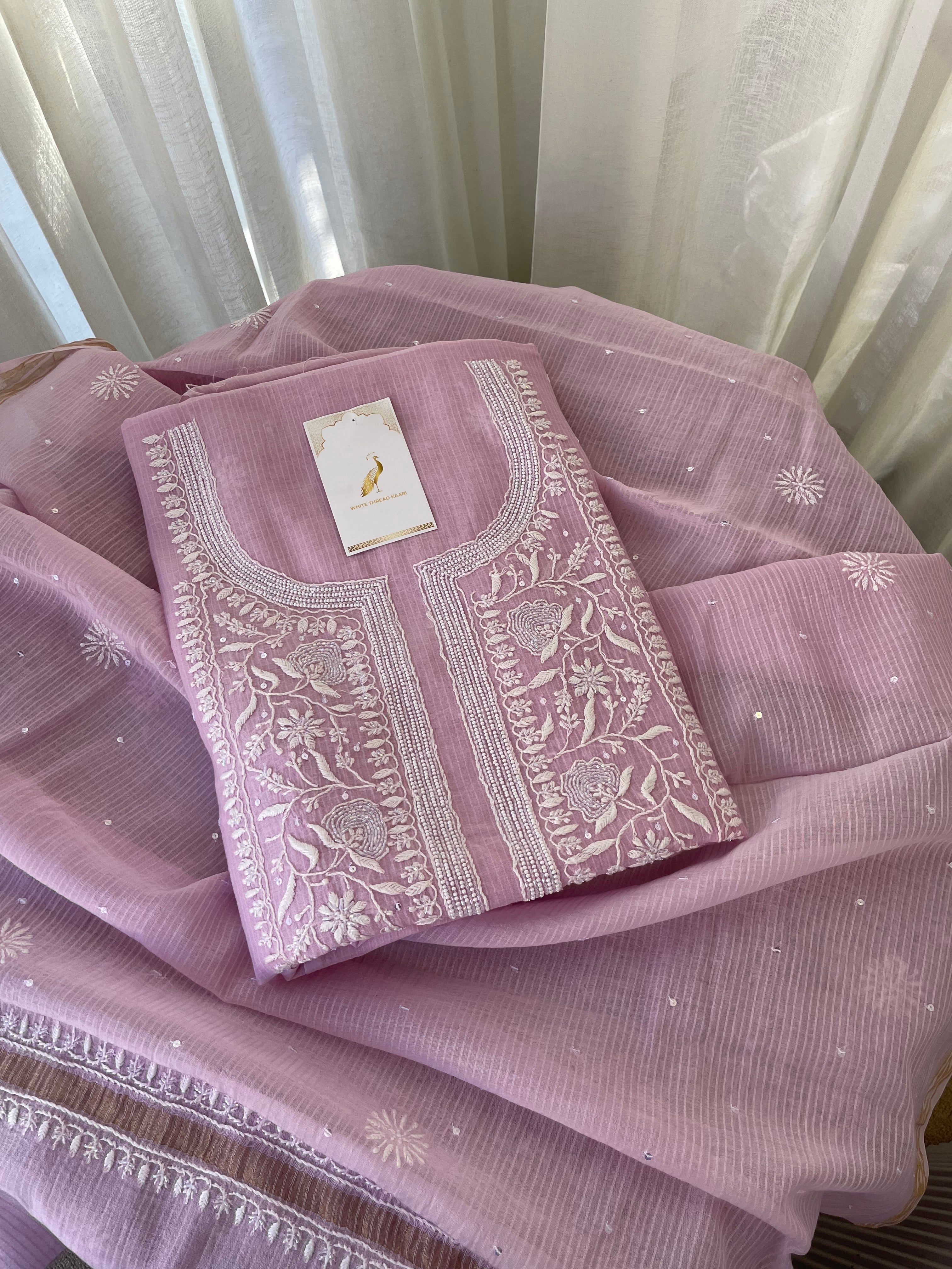 LAVENDER MAHESHWARI CHIKANKARI KURTA SET