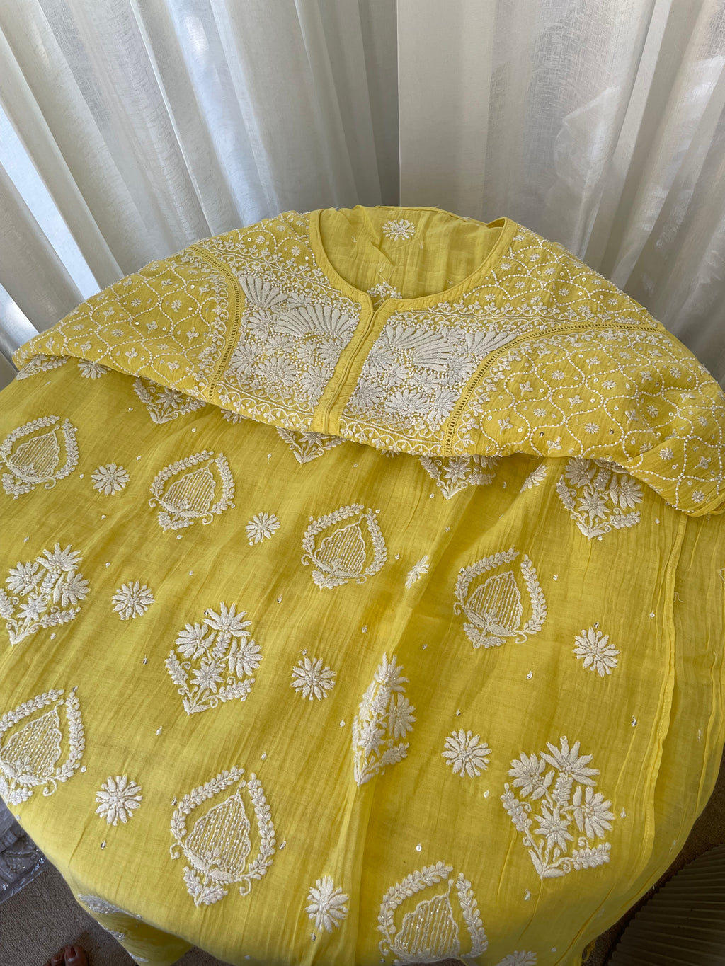 YELLOW MUL CHANDERI CHIKANKARI KURTA SET