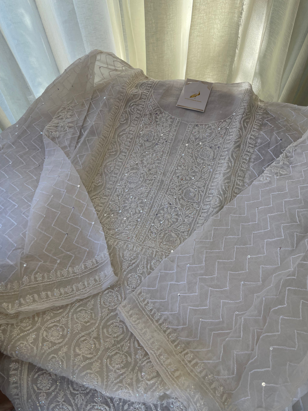 PEARL WHITE ORGANZA CHIKANKARI KURTA SET