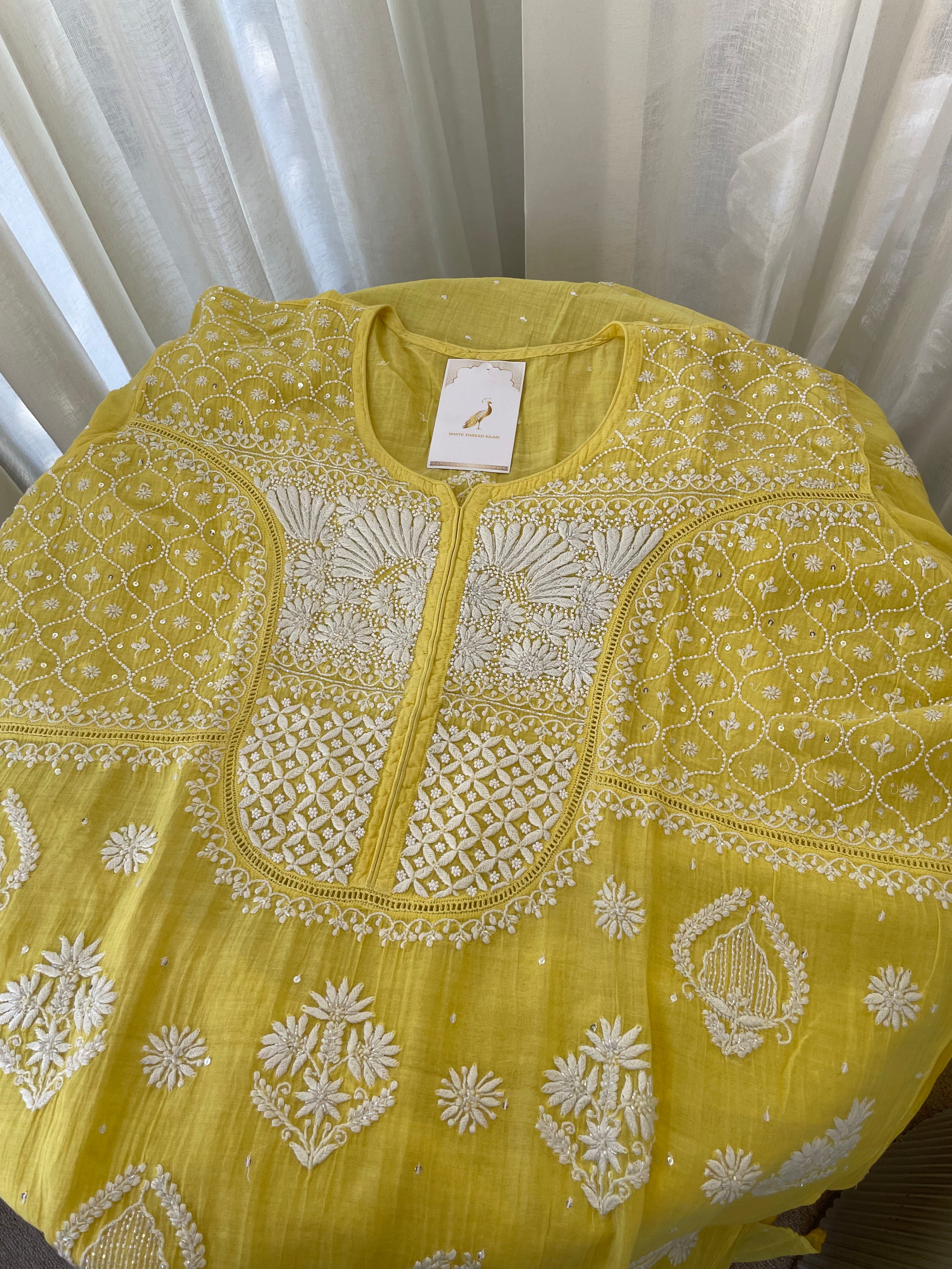 YELLOW MUL CHANDERI CHIKANKARI KURTA SET