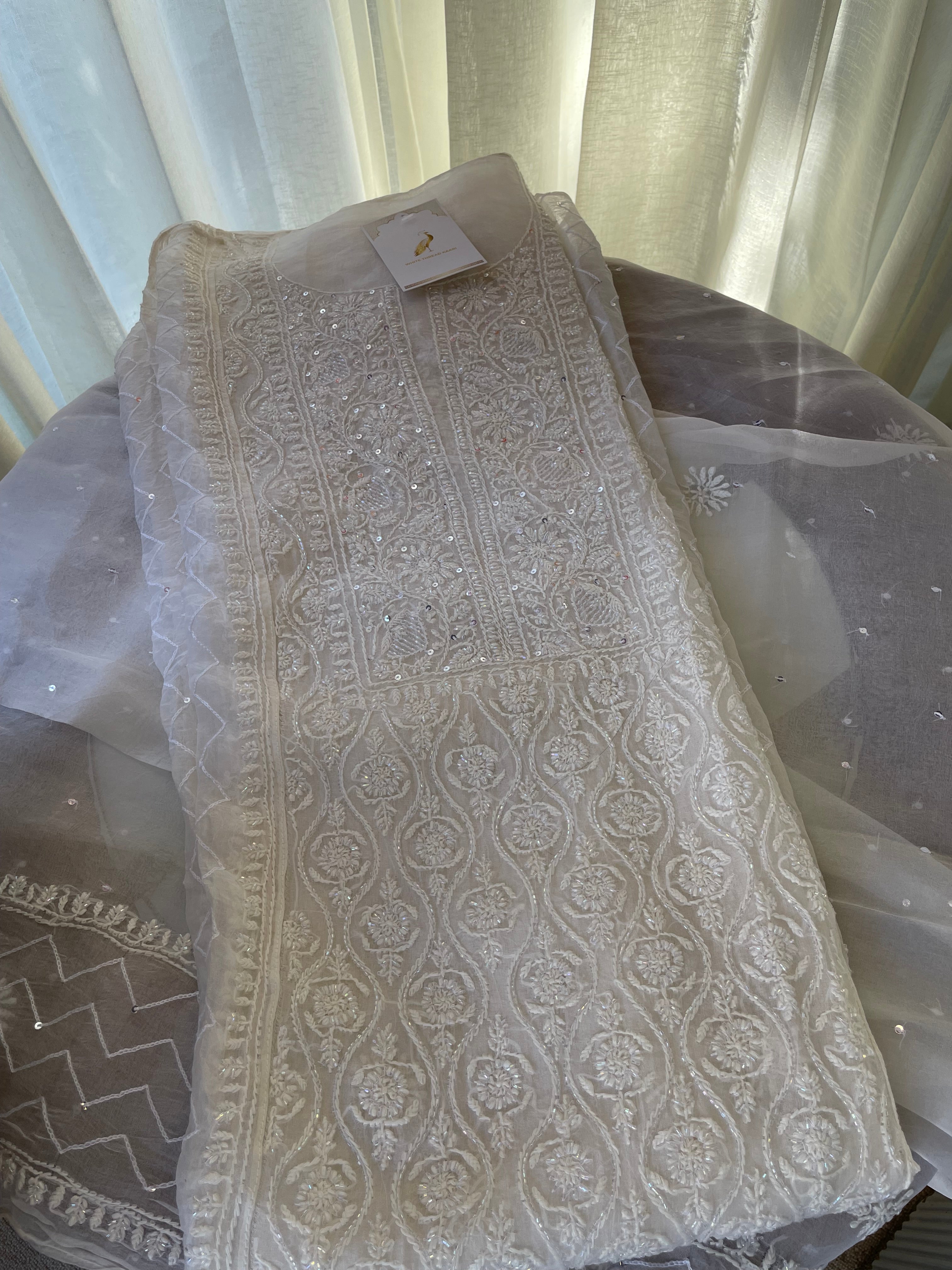 PEARL WHITE ORGANZA CHIKANKARI KURTA SET