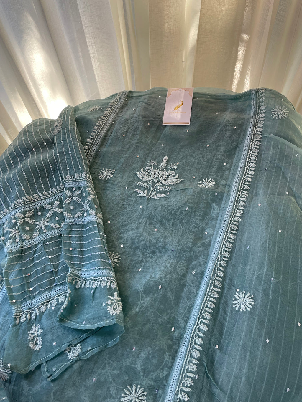 SEA GREEN ORGANZA CHIKANKARI KURTA SET