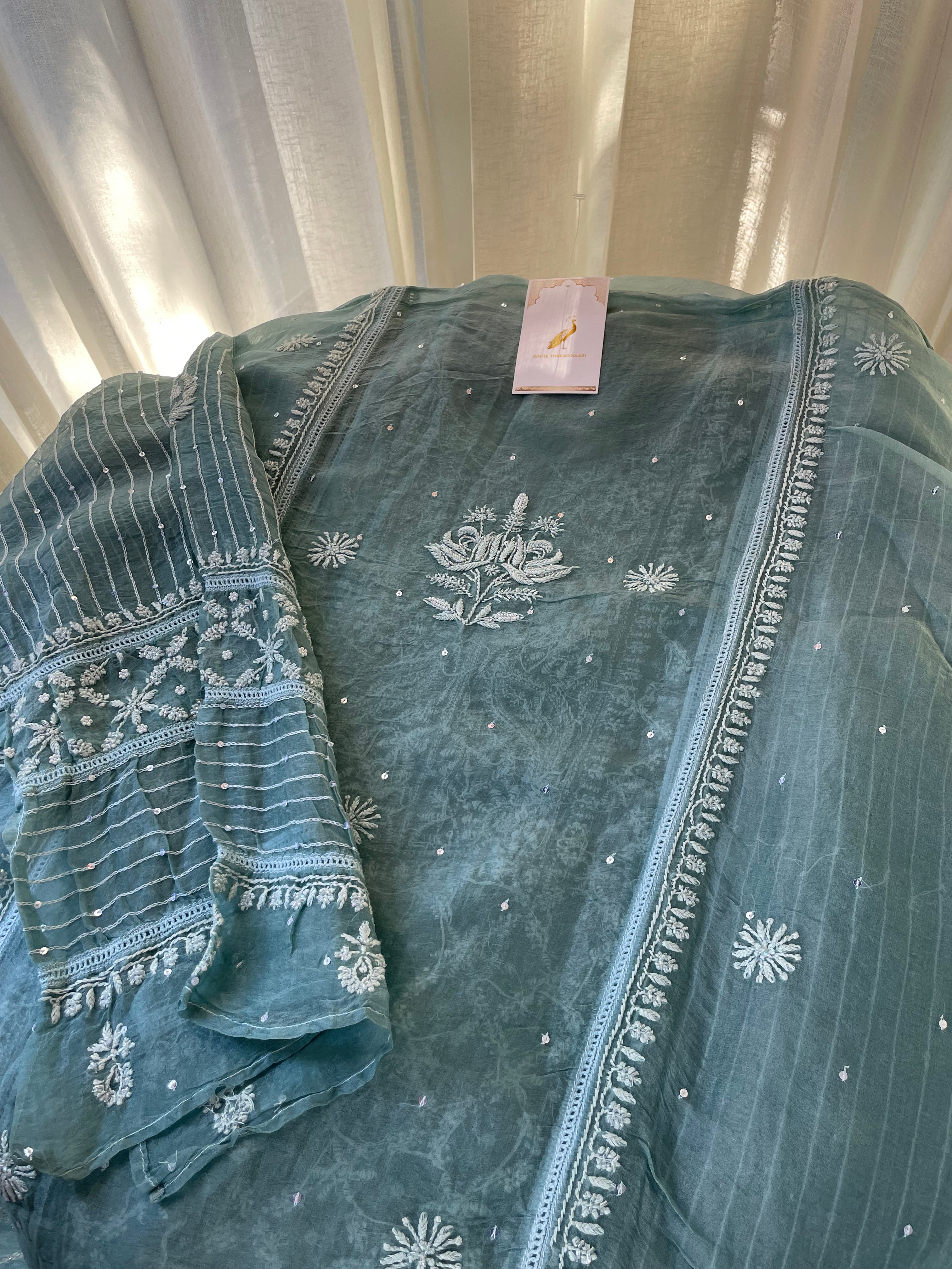 SEA GREEN ORGANZA CHIKANKARI KURTA SET