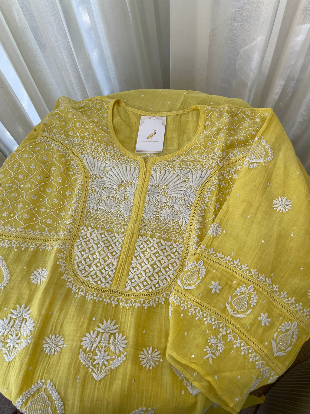 YELLOW MUL CHANDERI CHIKANKARI KURTA SET